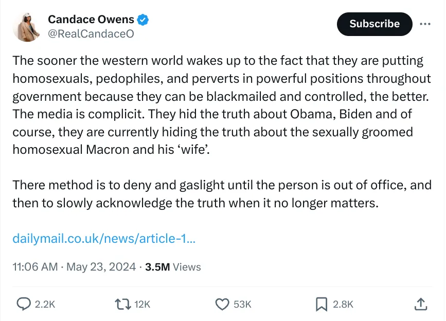 Tweet by Candace Owens discussing the influence of homosexuals, pedophiles, and perverts in powerful positions, with a link to a Daily Mail article