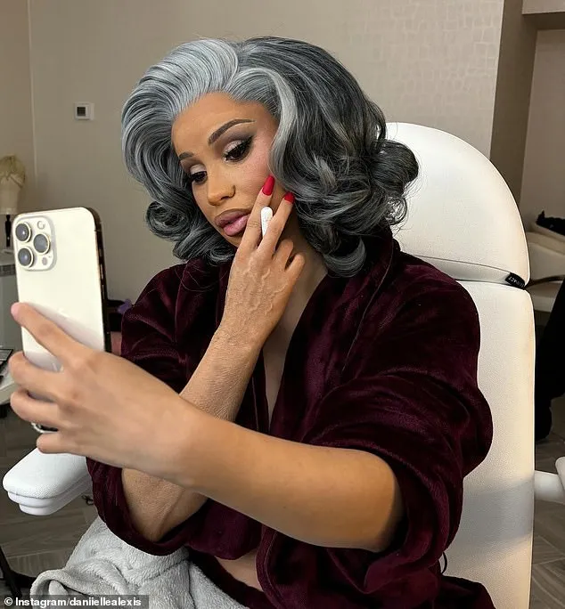 Cardi B's transformation included styling her long black locks into an old-fashioned bouffant hairdo. Daniielle also added 'ageing lines' to her face and prosthetics to give the star the appearance of varicose veins on her forearms.