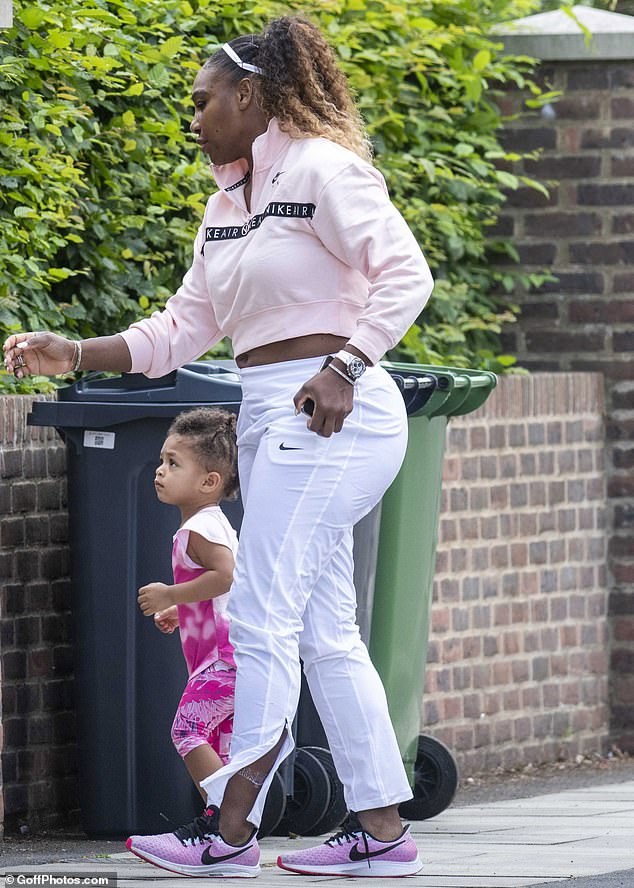 Smashed it! Serena Williams and her daughter Olympia, 22 months, indulged on a feast of 24 Krispy Kreme doughnuts as she returned home after losing at Wimbledon on Sunday