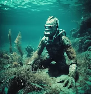 Diver in an underwater world with a large body of water and a sign saying “Underwater” | Image generated by excellent artificial intelligence