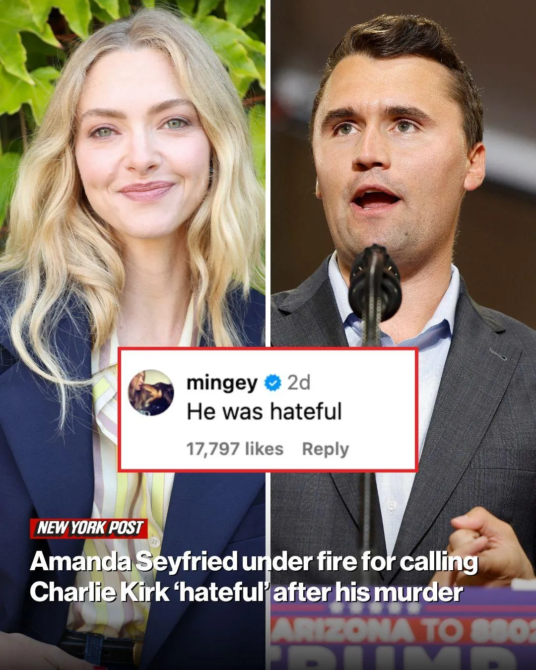 Cover Image for Amanda Seyfried made a shocking 13-word statement that stunned the entire U.S. after facing a wave of criticism. She became the center of controversy after calling Charlie Kirk a “despicable person” following his assassination. Her words quickly sparked an online uproar, with one critic strongly commenting, “She has shown a truly terrible character.”