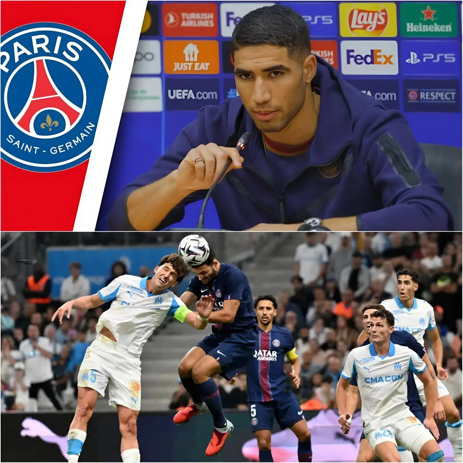 Cover Image for « JE ME SUIS TROMPÉ EN SOUS-ESTIMANT LUI ET MARSEILLE. » Hakimi, défenseur du PSG, s’exclame, stupéfait par la performance infatigable d’une star de Marseille : « Il a écrasé le PSG, rendant toutes nos stratégies inutiles. Malgré tous nos efforts, nous n’avions absolument aucune chance de gagner ! » Ce qui choque le plus tout le monde, c’est que ce joueur exceptionnel n’est ni Greenwood ni Aguerd…