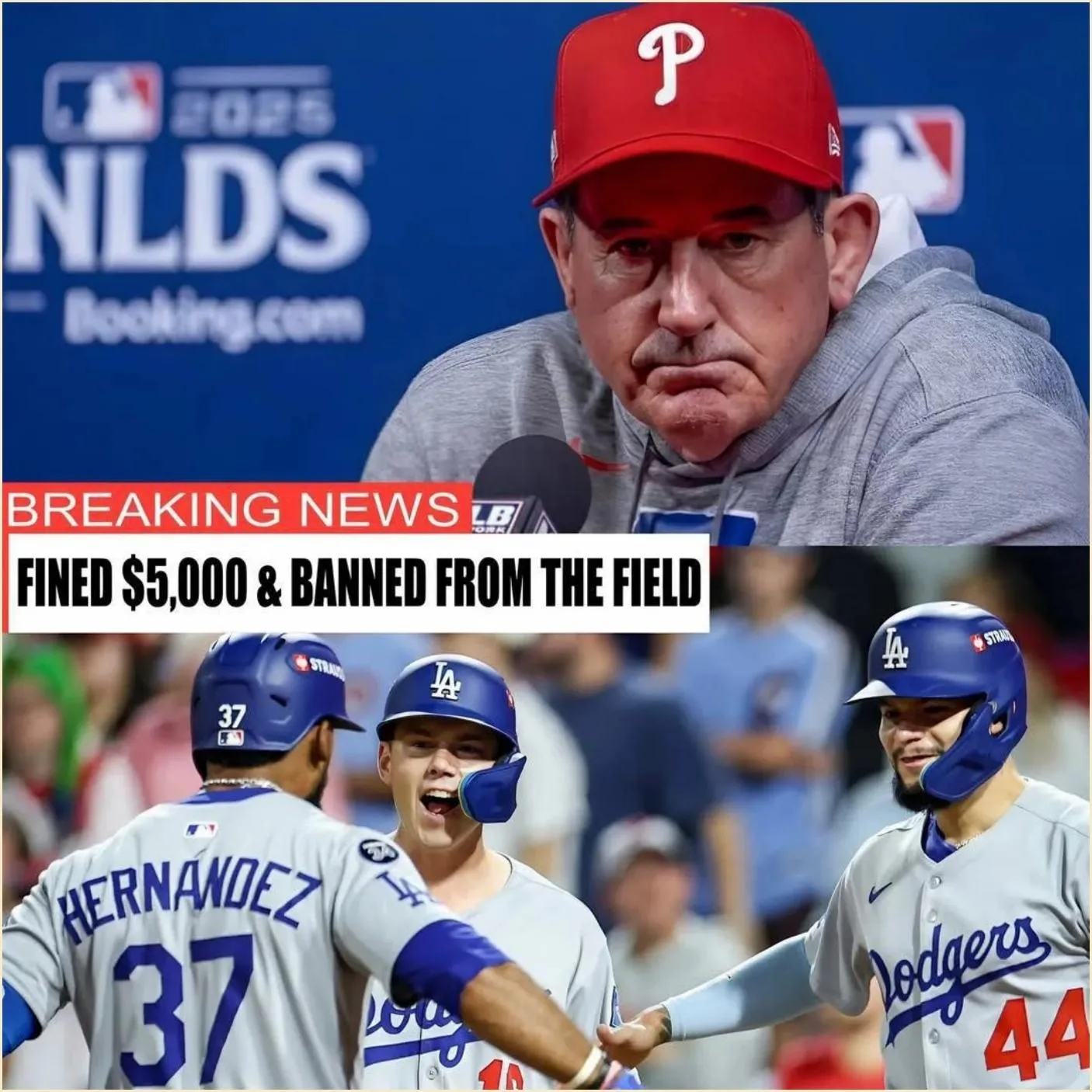 Cover Image for Phillies manager Rob Thomson was fined $5,000 by MLB and banned from playing with his team in the upcoming game after his “UNBASED” comments directed at Dodgers players on the grounds that he did not accept the Phillies’ bitter loss to the Dodgers. Mookie Betts also left a comment that made the arrogant manager accept the fine bitterly.