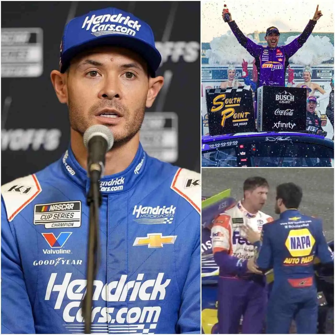 Cover Image for “HE CHEATED!” Kyle Larson accused, drawing the entire crowd’s attention as Denny Hamlin won in Las Vegas. Just 10 minutes later, Hamlin looked up with a cold stare, a mocking smile, and uttered nine words that electrified the crowd as the media began to cover the incident.