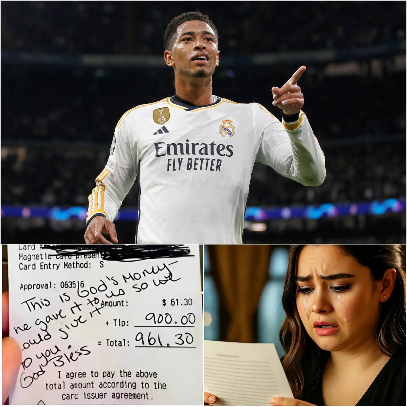 Cover Image for ÚLTIMAS NOTICIAS: Alice, una camarera de 25 años, no tenía idea de que estaba atendiendo a Jude Bellingham, la estrella del Real Madrid. Cortés y discreto, Bellingham disfrutó de su comida sin llamar la atención. Pero cuando se fue, dejó una nota doblada sobre la mesa… y salió con una sonrisa. Curiosa, Alice la abrió y, pocos minutos después, comenzó a llorar. Lo que Bellingham escribió no era solo una nota de agradecimiento – cambió su vida para siempre. 🥲