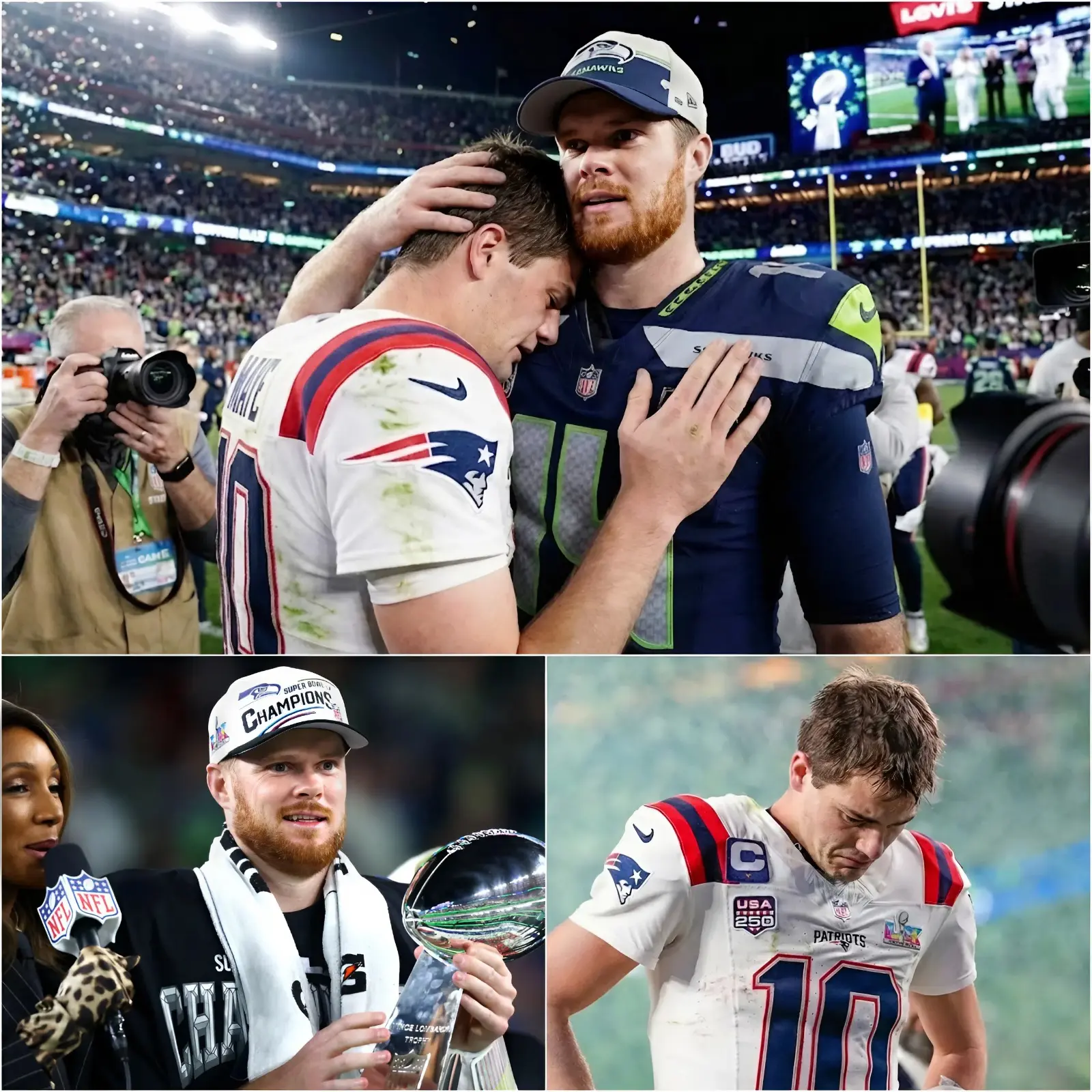 Cover Image for While confetti rained down for the Seattle Seahawks, Drake Maye sat alone in the shadows on the opposite sideline. Head bowed. Helmet off. A towel draped over his face. The weight of the 29–13 loss in Super Bowl LX pressed down hard. One game. One night. The end of a season-long journey. A dream just out of reach.