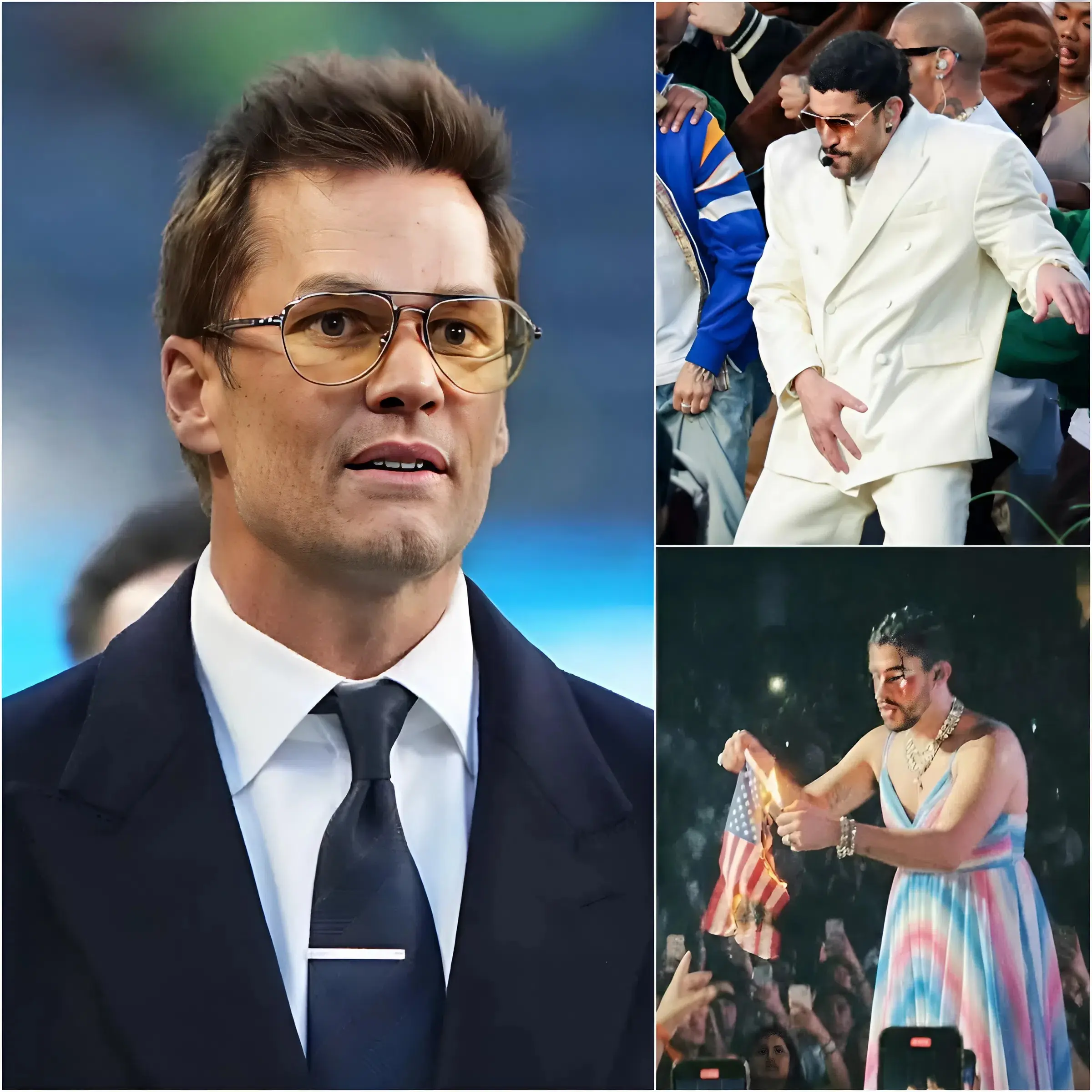Cover Image for “IT WAS SO STUPID — I HAD TO TELL THE KIDS TO TURN OFF THE TV IMMEDIATELY.” Legend Tom Brady couldn’t hide his disappointment when recalling the controversial moment during the Super Bowl LX halftime show, where he argued that an American icon had been mocked in a “stupid and disrespectful” way by Bad Bunny. According to Brady, the issue wasn’t the music or the performance style, but the message behind the staging. “There are values that shouldn’t be made fun of.” Most notably, the 12 words were said to encapsulate his candid view of the current situation. That short but sharp statement instantly went viral on social media, igniting a debate about whether the league was prioritizing mass entertainment over traditional values.