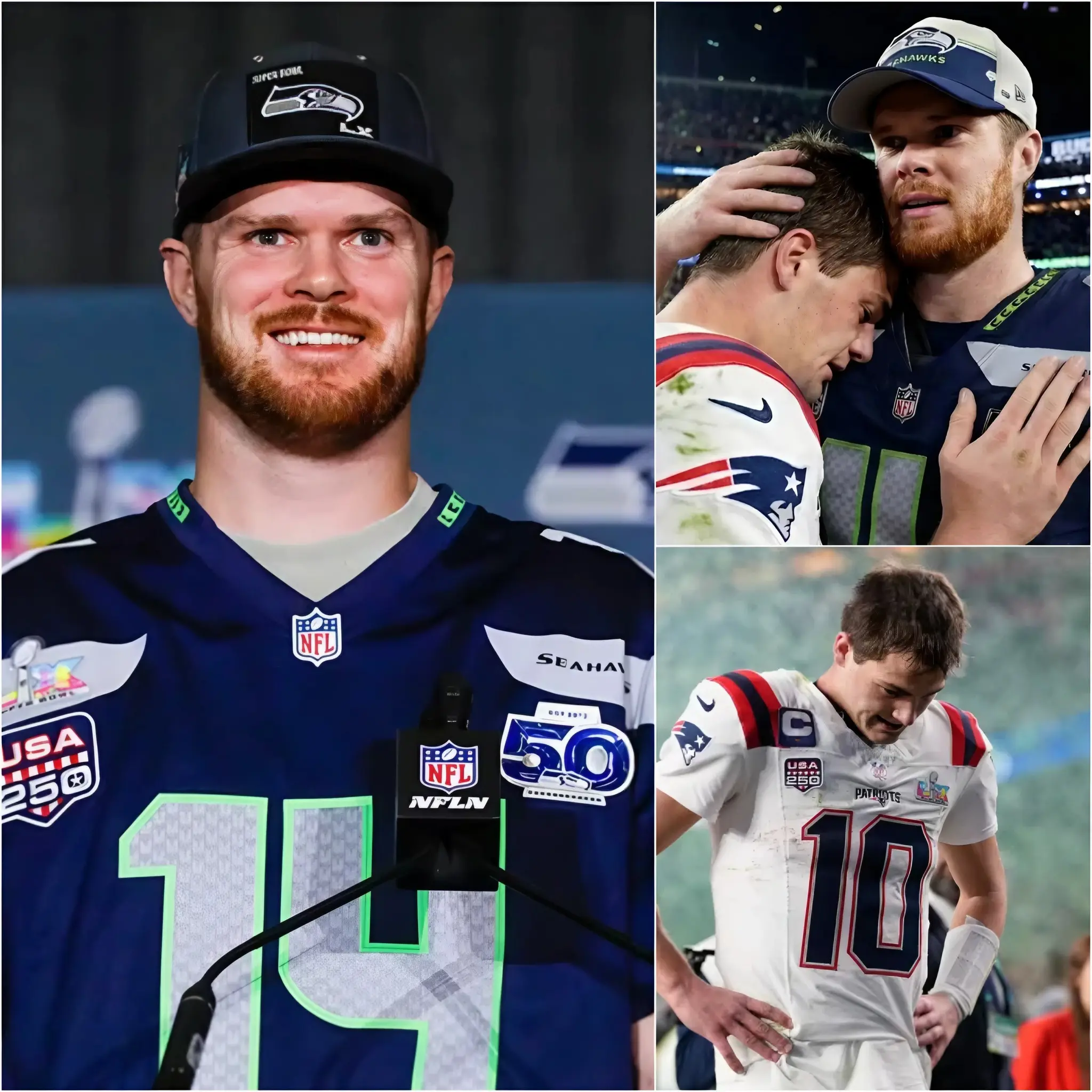 Cover Image for The most unforgettable moment in football this year didn’t happen during the final whistle—it happened in the emotional wreckage that followed. On the grandest stage imaginable, after delivering a historic Super Bowl triumph, Seattle Seahawks quarterback Sam Darnold could have soaked in the glory, bathed in the confetti, and lifted the trophy as cameras chased his every move. Instead, as the stadium erupted and victory roared around him, his eyes locked onto a different scene—Drake Maye, the young quarterback he had just defeated, standing alone and shattered under the crushing weight of heartbreak. And then, in a move no one saw coming, Darnold turned his back on the spotlight. He walked straight across the invisible battlefield line that separates champions from the fallen—and knelt beside him. No gloating. No triumphant grin. Just quiet words spoken in the middle of chaos. Cameras captured Maye lifting his tear-streaked face, wiping his eyes, and forcing a fragile, grateful smile. In that stunning exchange, the noise disappeared, the rivalry dissolved, and a powerful truth echoed louder than any touchdown. Sam Darnold didn’t just claim a Lombardi Trophy that night—he redefined what it means to lead, to respect, and to be a true champion.