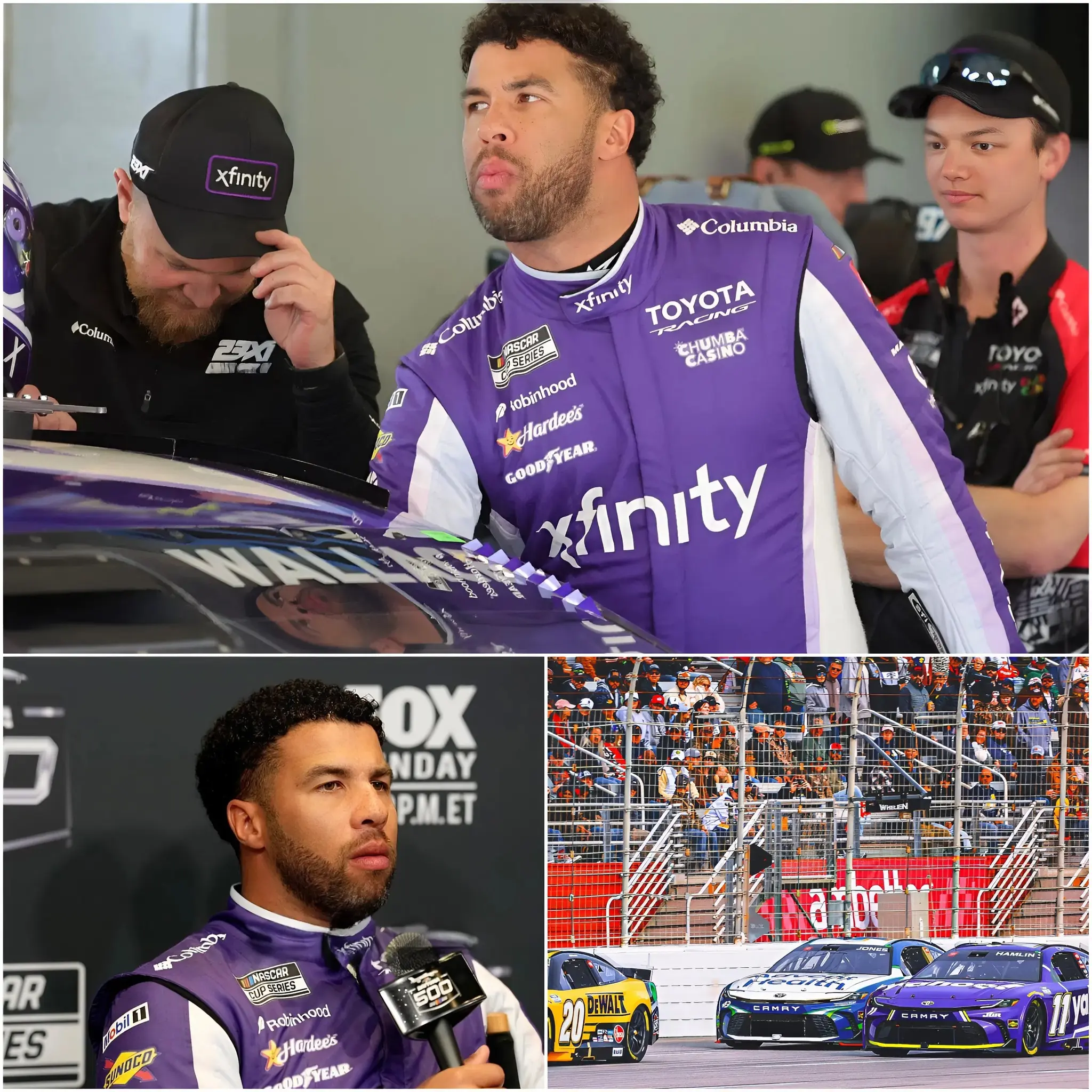 Cover Image for 🏁🚨 “Do they really believe Black people don’t deserve to stand on the victory podium? Then I’ll show them by… walking away!” — Bubba Wallace erupted with emotion after being forced out of the Ambetter Health 400, publicly revealing racist messages he had received from a group of hostile rival fans. Wallace’s supporters quickly united, flooding social media with a short but powerful message of solidarity. And in less than 30 minutes, NASCAR was compelled to respond with a record-breaking $1 million fine.
