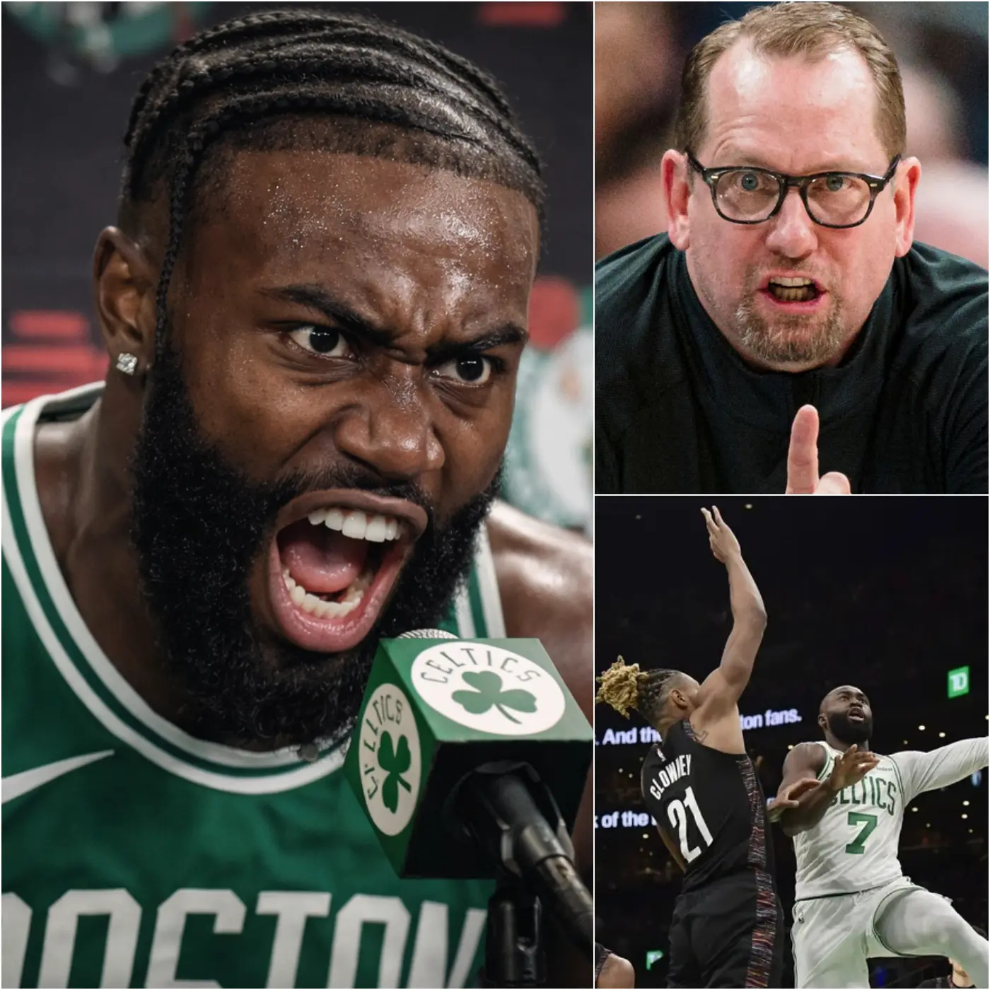 Cover Image for Jaylen Brown grabbed the microphone with force and shouted: “GET OUT OF HERE! DON’T THINK YOU CAN DISRESPECT MY TEAMMATES. STOP SMEARING OUR VICTORY AND THE HONOR OF THE CELTICS!” The tense confrontation erupted just after the head coach of the Philadelphia 76ers made a remark described as “an unprecedented insult,” directed straight at the players and staff of Boston. Thirty minutes later, Jaylen Brown delivered a statement of only 11 words that left the entire press room stunned, while the Sixers coach turned pale and struggled through a half-formed apology. But Brown did not stop there: with tears in his eyes, he vowed to PROTECT BOSTON UNTIL HIS LAST BREATH, reaffirming his absolute loyalty to the team.