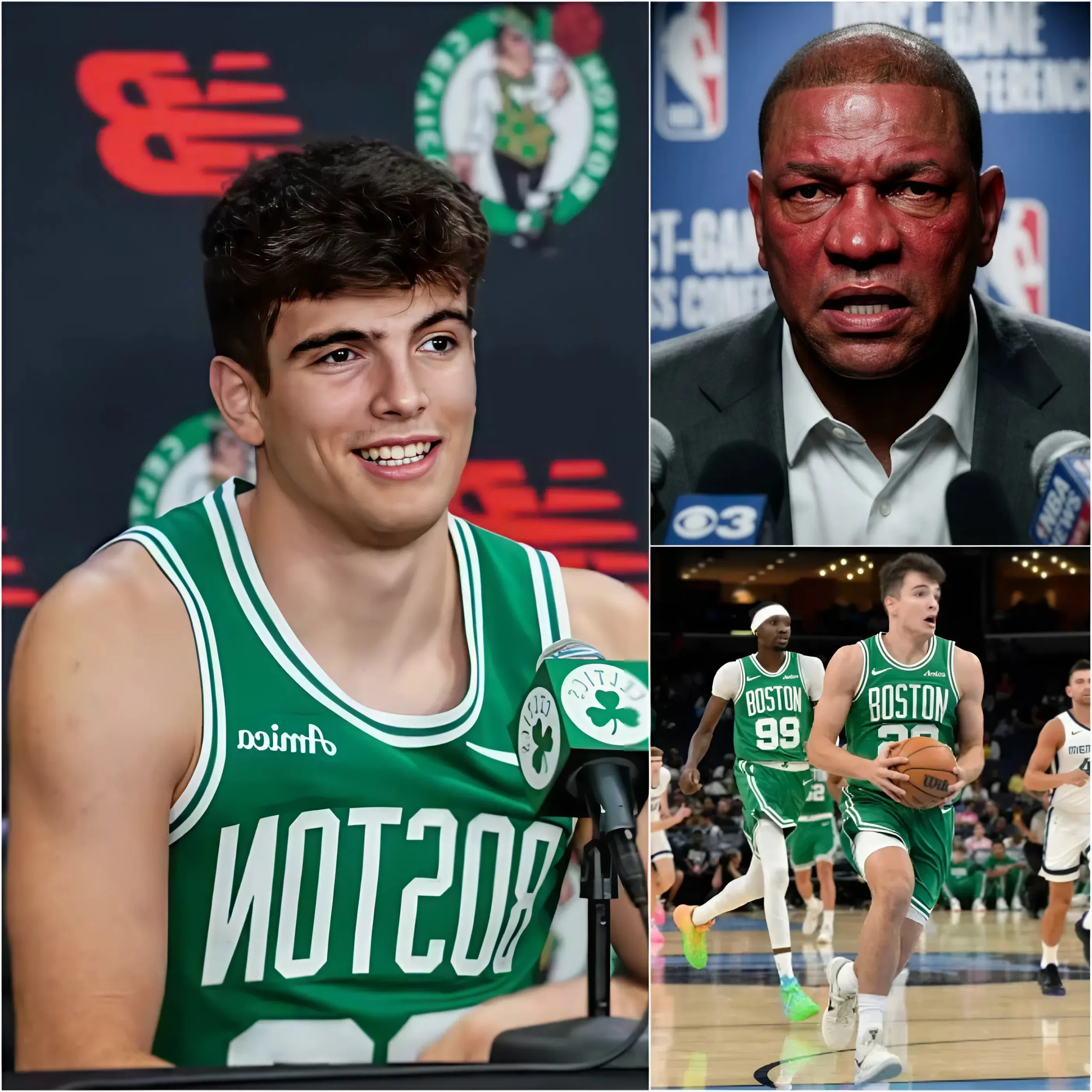 Cover Image for “He cheated!” Just seconds after the 108–102 loss to the Boston Celtics, Milwaukee Bucks head coach Doc Rivers, his face flushed with anger, pointed straight at Hugo González and accused the Celtics star of deliberately playing dirty against a Bucks player, while also demanding that the league immediately launch an urgent investigation. Only five minutes later, in front of dozens of television cameras, Hugo González slowly lifted his head, sketched an icy smile, and delivered exactly 15 razor-sharp words. The entire arena instantly descended into chaos as Doc Rivers stood frozen, his face pale, before millions of basketball fans watching live across the United States.