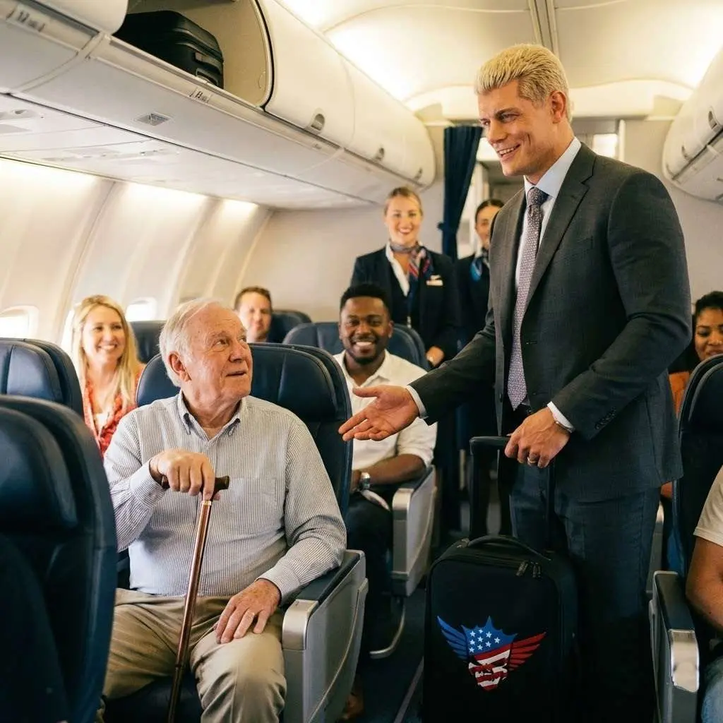 Cover Image for The entire WWE Universe is buzzing after Undisputed WWE Champion Cody Rhodes stunned passengers on a commercial flight with an unexpected gesture. According to multiple witnesses, he quietly gave up his first-class seat to an elderly U.S. veteran just moments before takeoff—but that was only the beginning. What Cody Rhodes did next, out of view of cameras and without saying a word, brought the entire cabin to tears and left flight attendants speechless… He knelt down beside the veteran’s new seat, removed his signature American Nightmare jacket, gently placed it over the man’s shoulders like a championship belt, then whispered a few heartfelt words of thanks for his service before returning to his original spot in coach—humble, silent, and letting his actions speak louder than any promo ever could.