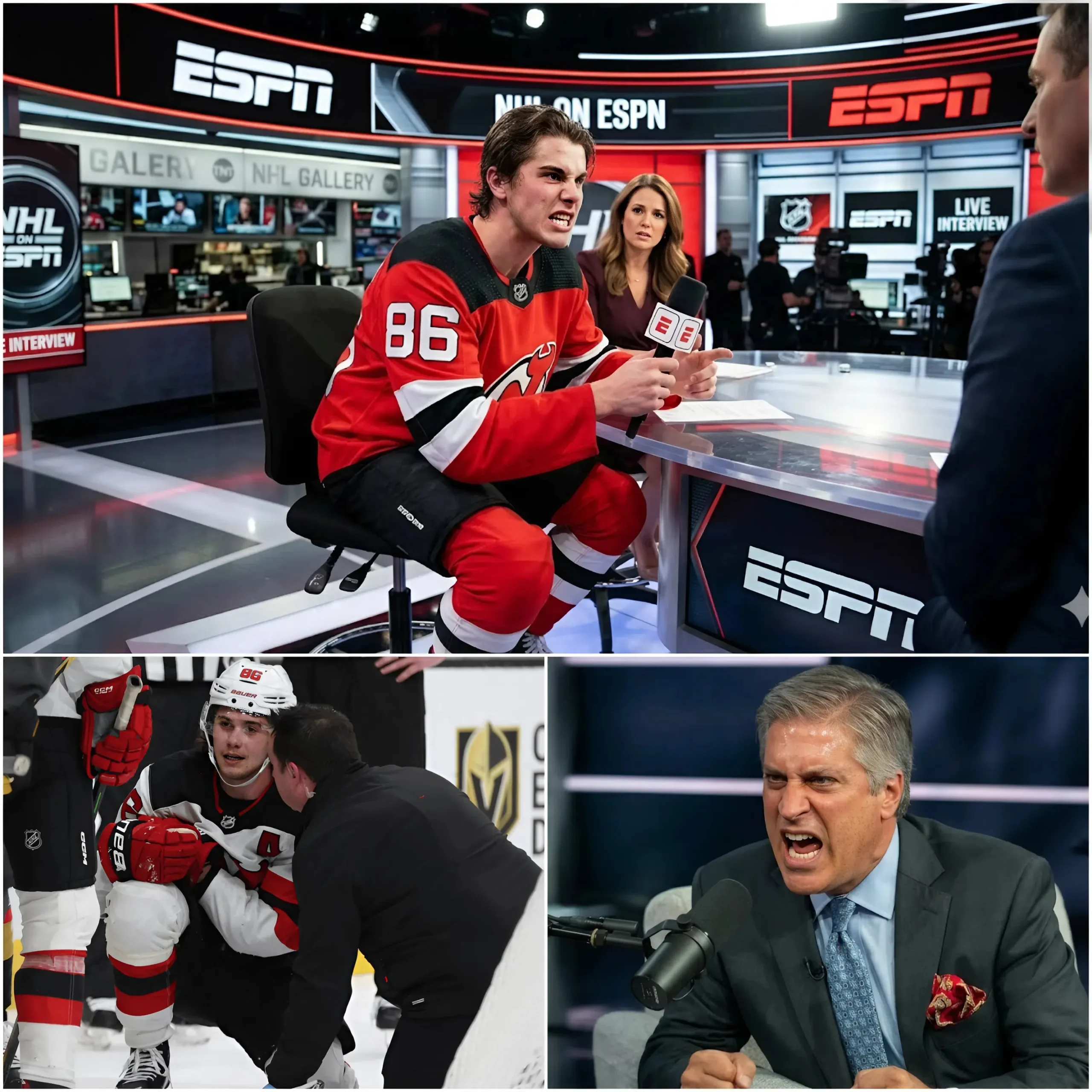 Cover Image for “SIT DOWN, BARBIE!” NHL superstar Jack Hughes was unexpectedly interrupted during a live television broadcast after a game when a prominent media personality publicly called him a “TRAITOR” for refusing to participate in a social awareness campaign promoted by their own network.