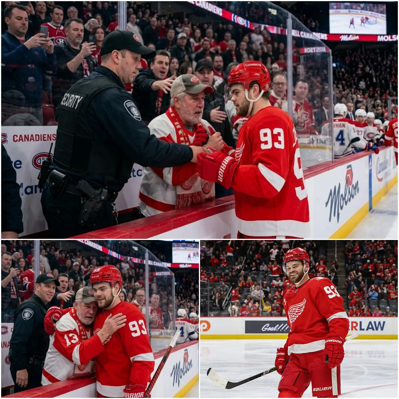 Cover Image for 🚨 The security guard tried to stop him, but Alex DeBrincat calmly raised his hand and said, “Let him come closer.” A man in his fifties, wearing old sneakers, a faded Detroit Red Wings cap, and a worn-out windbreaker, was struggling to push through the crowd as Alex DeBrincat greeted fans after the game against the Montreal Canadiens.