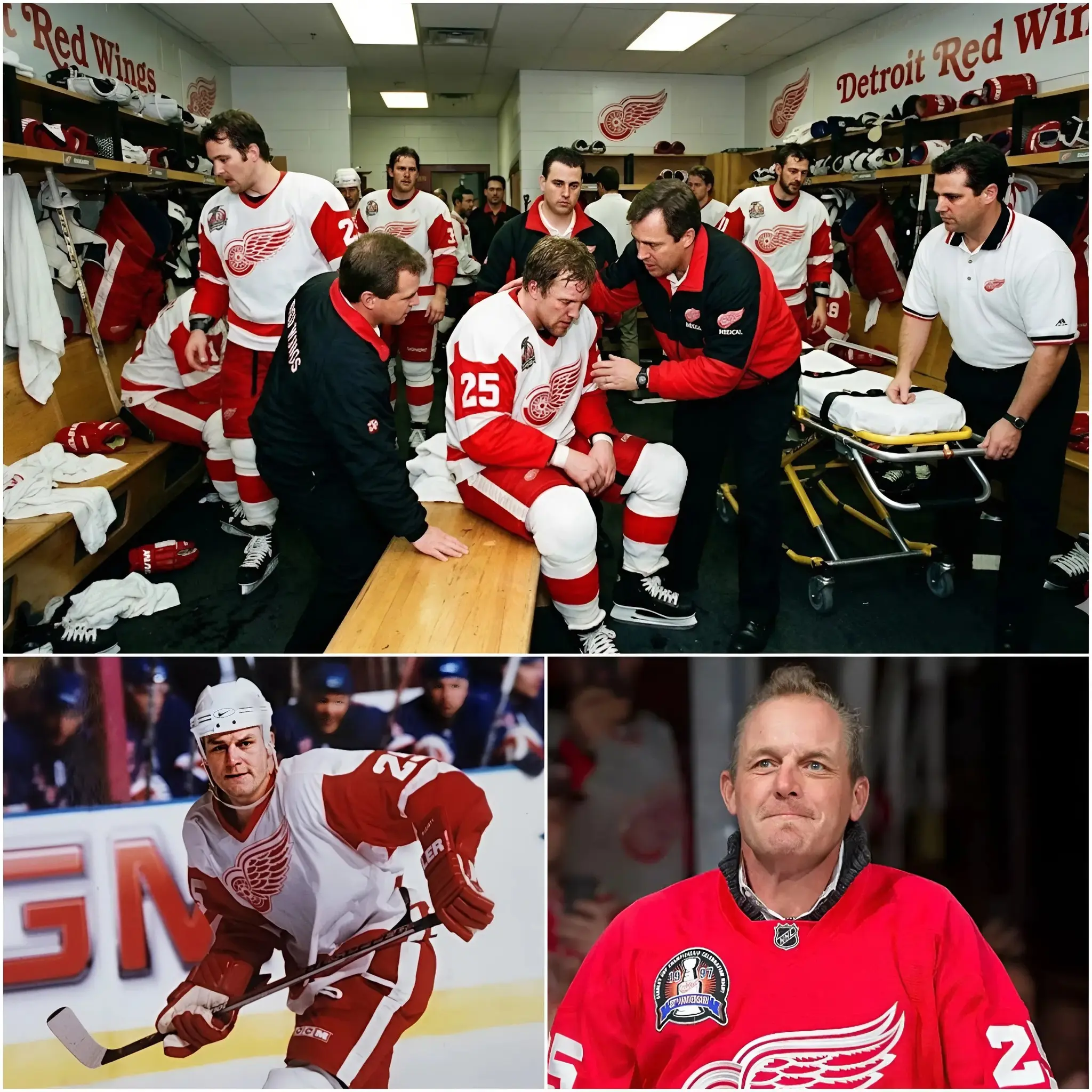 Cover Image for After losing to the Boston Bruins, Red Wings legend Darren McCarty suddenly collapsed on the ice. Teammates and medical staff rushed to help, shocking everyone. The incident highlights the team’s struggles and inspires young players, leaving the global hockey community both stunned and moved.