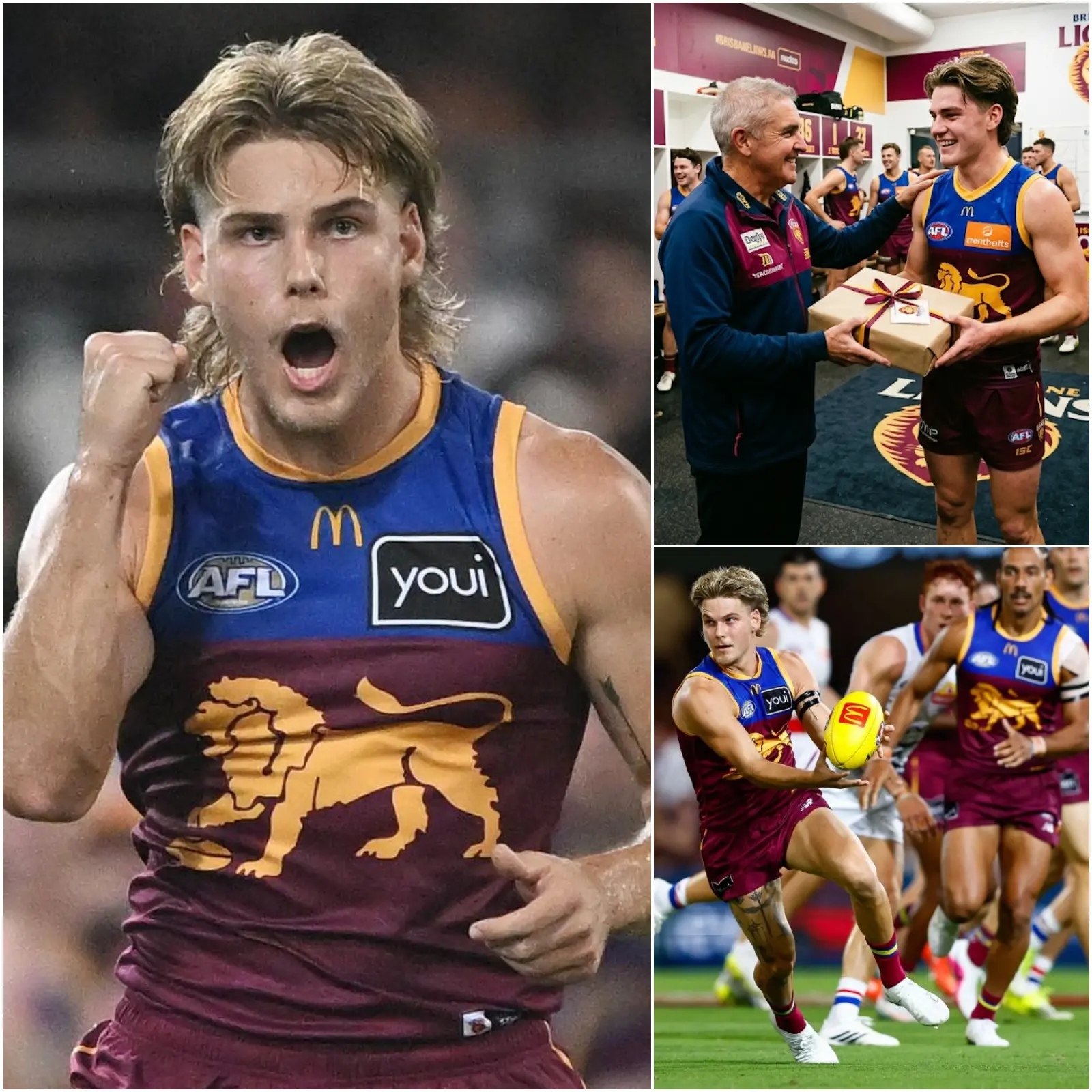Cover Image for “YOU DESERVE THIS” – Coach Chris Fagan surprised everyone in the Brisbane Lions locker room during today’s practice. He presented young quarterback Will Ashcroft with a SPECIAL GIFT.