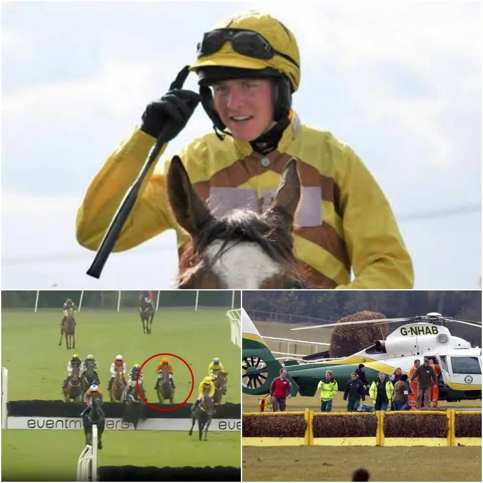 Cover Image for THE MOST UNFORGETTABLE MOMENT IN BRITISH HORSE RACING HISTORY: A 24-year-old jockey, Oliver Boyden, suffered a horrific accident at the first barrier on the final straight of the Worcester racecourse as the jockeys approached the finish line, leading to the emergency helicopter dispatch to the track and the tragic end…. read more here