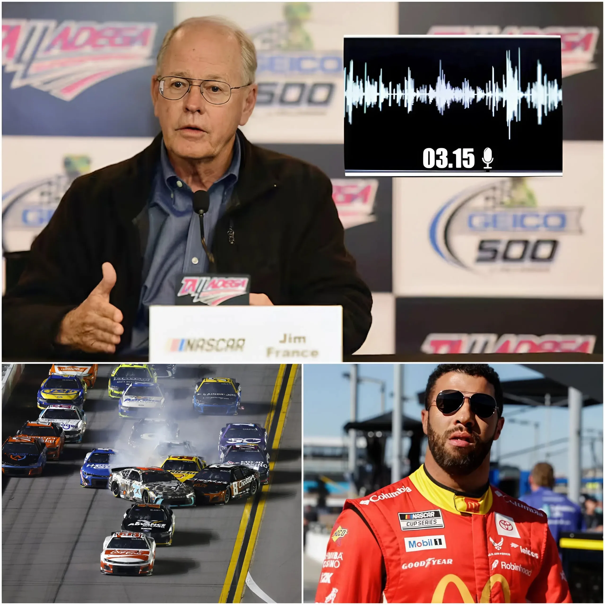 Cover Image for 🛑 “HE’S DISREGARDING NASCAR RULES, WE’RE REMOVING HIM FROM THIS RACE!” — Jim France just rocked the racing world with a firm statement about Bubba Wallace following his controversial retaliation against Carson Hocevar.