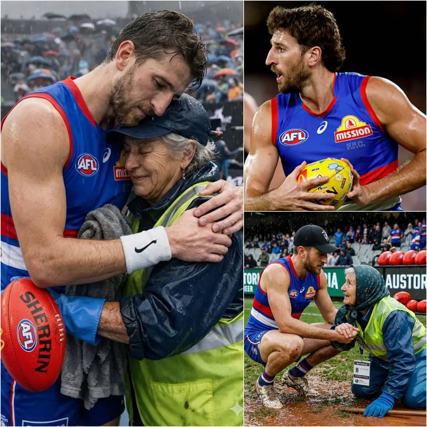 Cover Image for đ„ đ SHOCKING: After the game against Hawthorn, a sudden storm hit the tournament, creating chaos. Amid the rain and wind, an elderly woman, a long-time cleaner, slipped on the wet concrete while trying to dry a field. No one intervened immediately, except for Western Bulldogs star Marcus Bontempelli