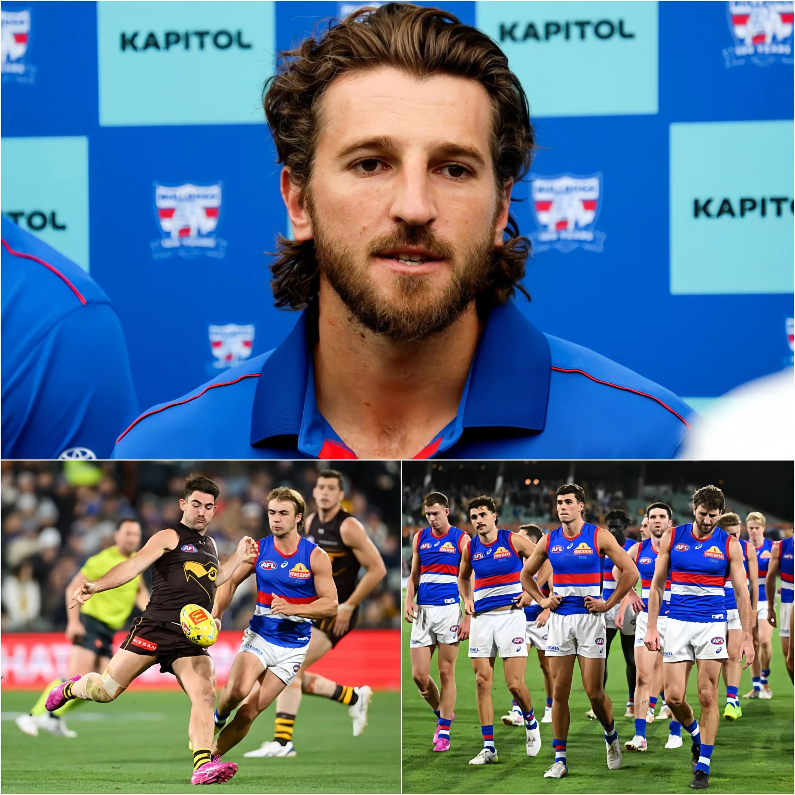 Cover Image for 15 MINUTES AGO đš The AFL held an unexpected emergency meeting: Following the final score of Hawthorn 104â64 Western Bulldogs, the most surprising moment of the night did not happen on the field, but in the post-match press conference room.