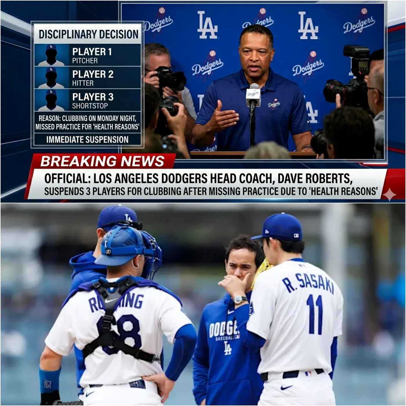 Cover Image for đš BREAKING NEWS: Los Angeles Dodgers head coach Dave Roberts has sent shockwaves through the baseball world by suspending three players after they were caught partying at a downtown nightclub Monday night â just hours after missing practice earlier that day, citing âhealthâ reasons.