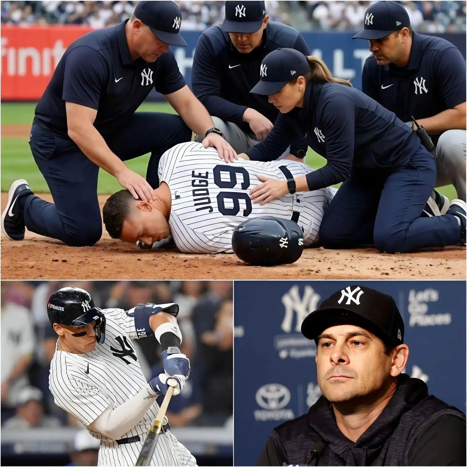 Cover Image for BREAKING NEWSđ¨10 MINUTES AGO â Panic at Yankee Stadium as Aaron Judge suddenly collapses just as the first pitch signaled the start of a high-stakes game between the New York Yankees and the Los Angeles Angels â Coach provides an urgent update.