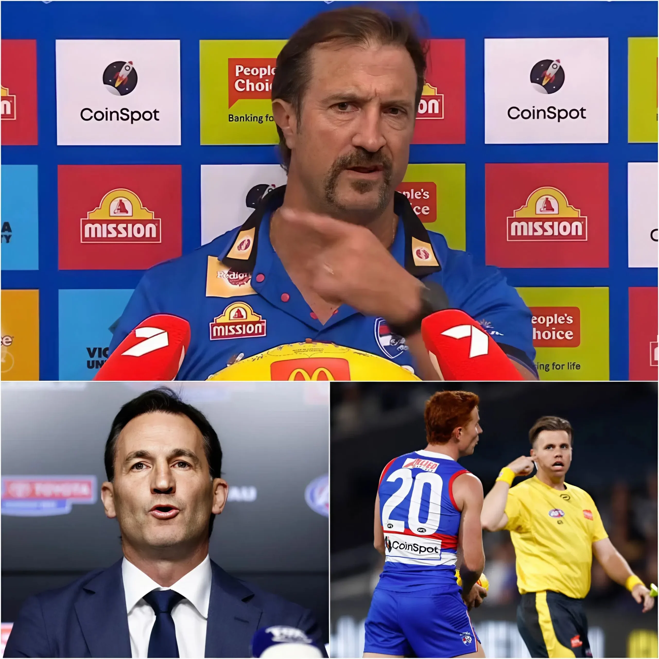 Cover Image for “YOU’RE AN EMBARRASSMENT!” Head coach Luke Beveridge publicly criticized the umpire team after the Bulldogs suffered a humiliating 56-131 defeat to Geelong.