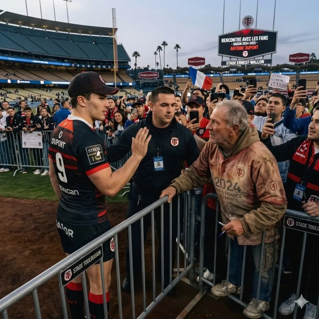 Cover Image for Le personnel de sécurité s’est rapidement approché pour l’arrêter, mais Antoine Dupont, d’un geste d’autorité bienveillant, a levé la main et a dit : « Laissez-le s’approcher. » L’homme, qui avait largement dépassé la soixantaine, portait des baskets usées, une veste effilochée et un maillot délavé du Stade Toulousain des Jeux Olympiques de Paris 2024