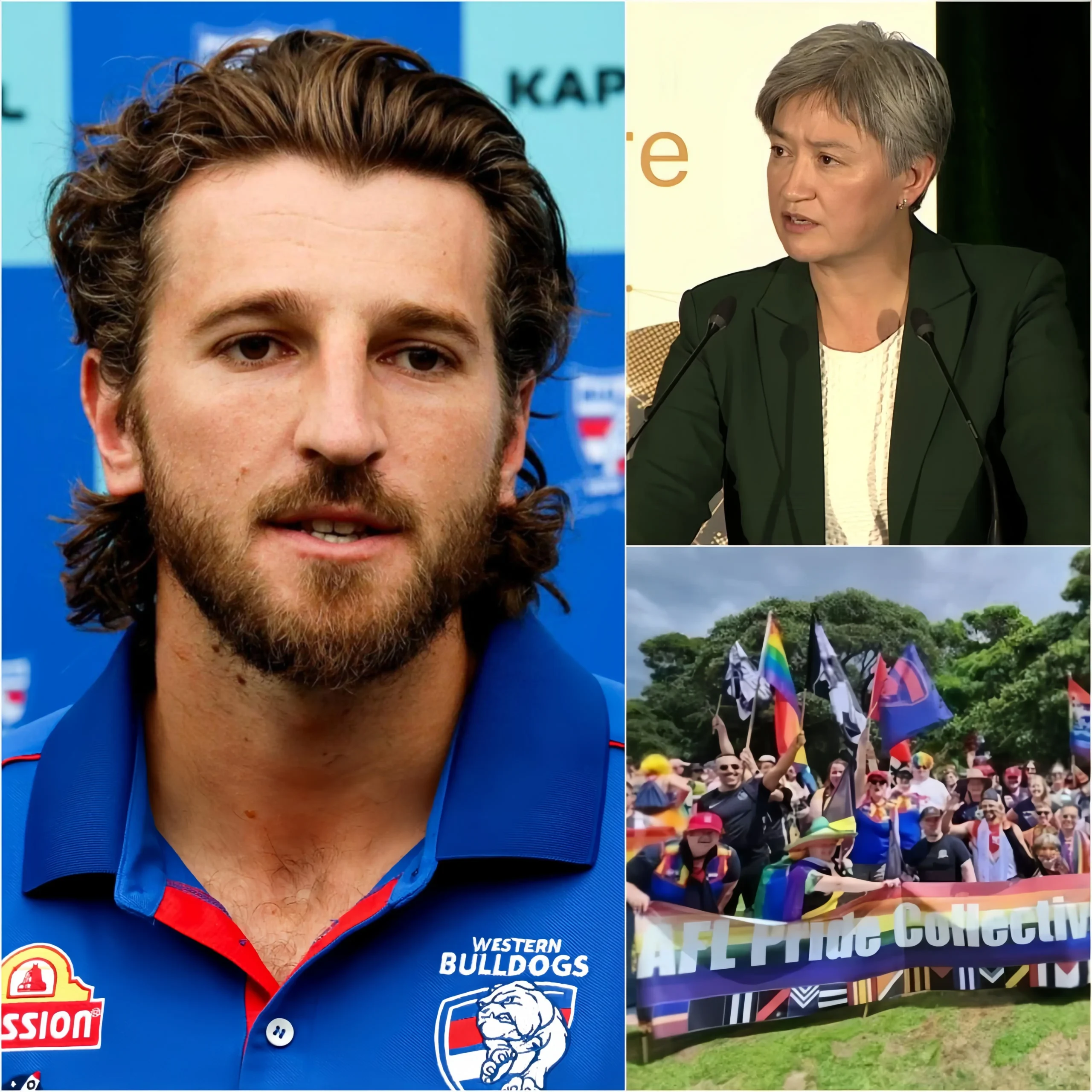 Cover Image for 🔥 “SIT DOWN, BARBIE!” — Bulldogs captain Marcus Bontempelli caused a MASSIVE stir on live television when he fired back instantly at Foreign Secretary Penny Wong after being labeled a “TRAITOR” for not joining an LGBT awareness campaign in Australia.