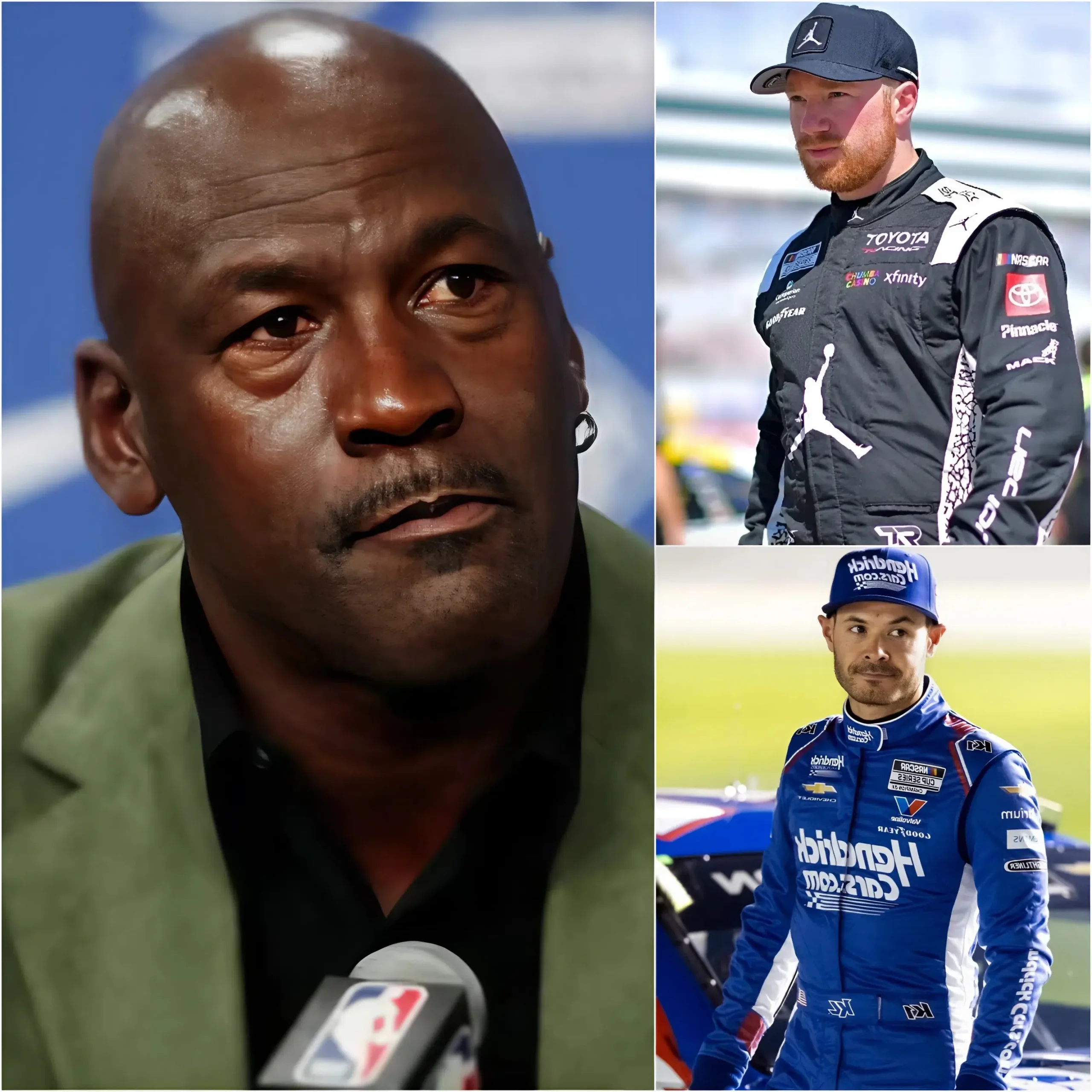 Cover Image for 🚨 “DO NOT USE FAILURE TO STAIN GLORY!” — MICHAEL JORDAN OFFICIALLY “DECLARES WAR,” CRUSHING KYLE LARSON’S RIGGING ALLEGATIONS! The atmosphere at Kansas Speedway had barely cooled following Kyle Larson’s “farce” comments before a new storm made landfall. This time, legends Michael Jordan and Denny Hamlin have broken their silence.