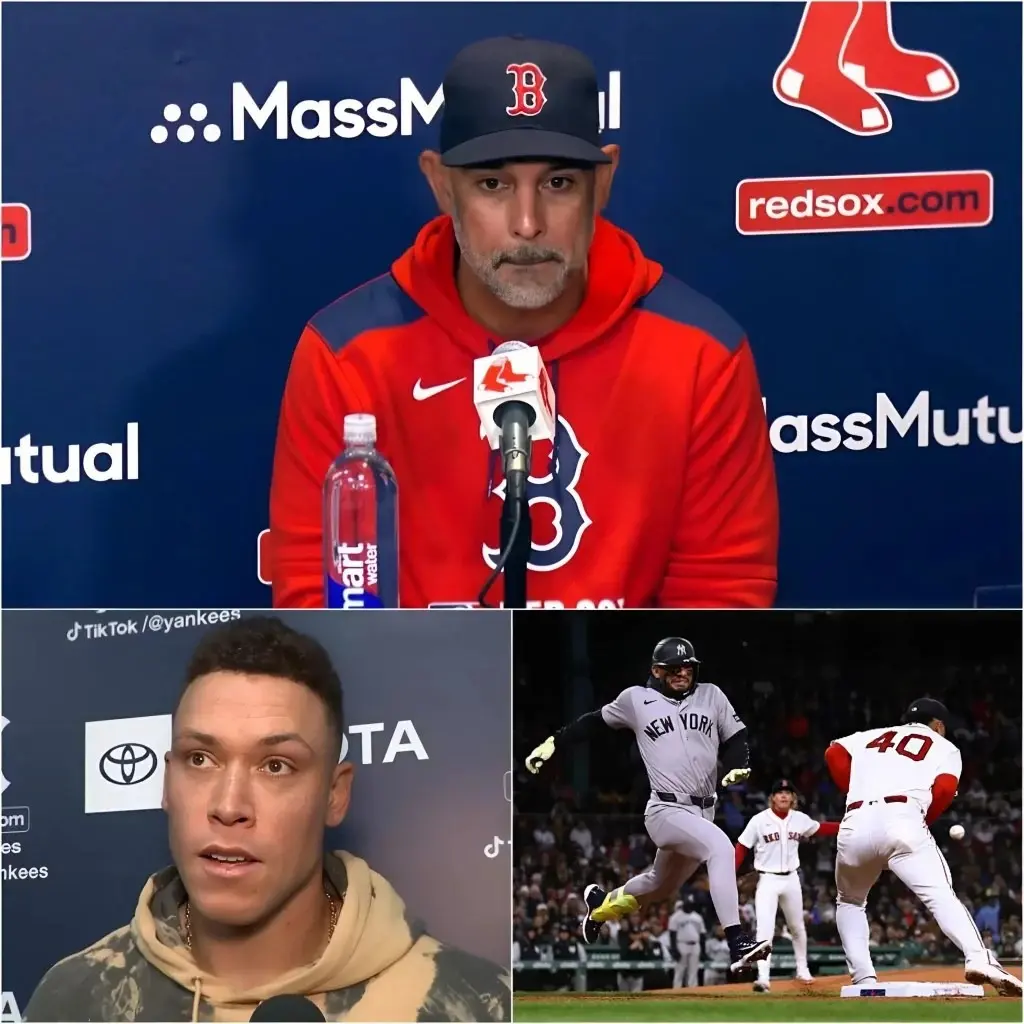 Cover Image for “He’s cheating! This isn’t baseball!” Just moments after the humiliating 0-4 loss to the Yankees at Fenway Park, Red Sox manager Alex Cora, his face flushed with rage, pointed directly at Aaron Judge and loudly accused the Yankees’ star of using high-tech equipment to “cheat,” demanding that MLB and league officials immediately launch an urgent investigation.