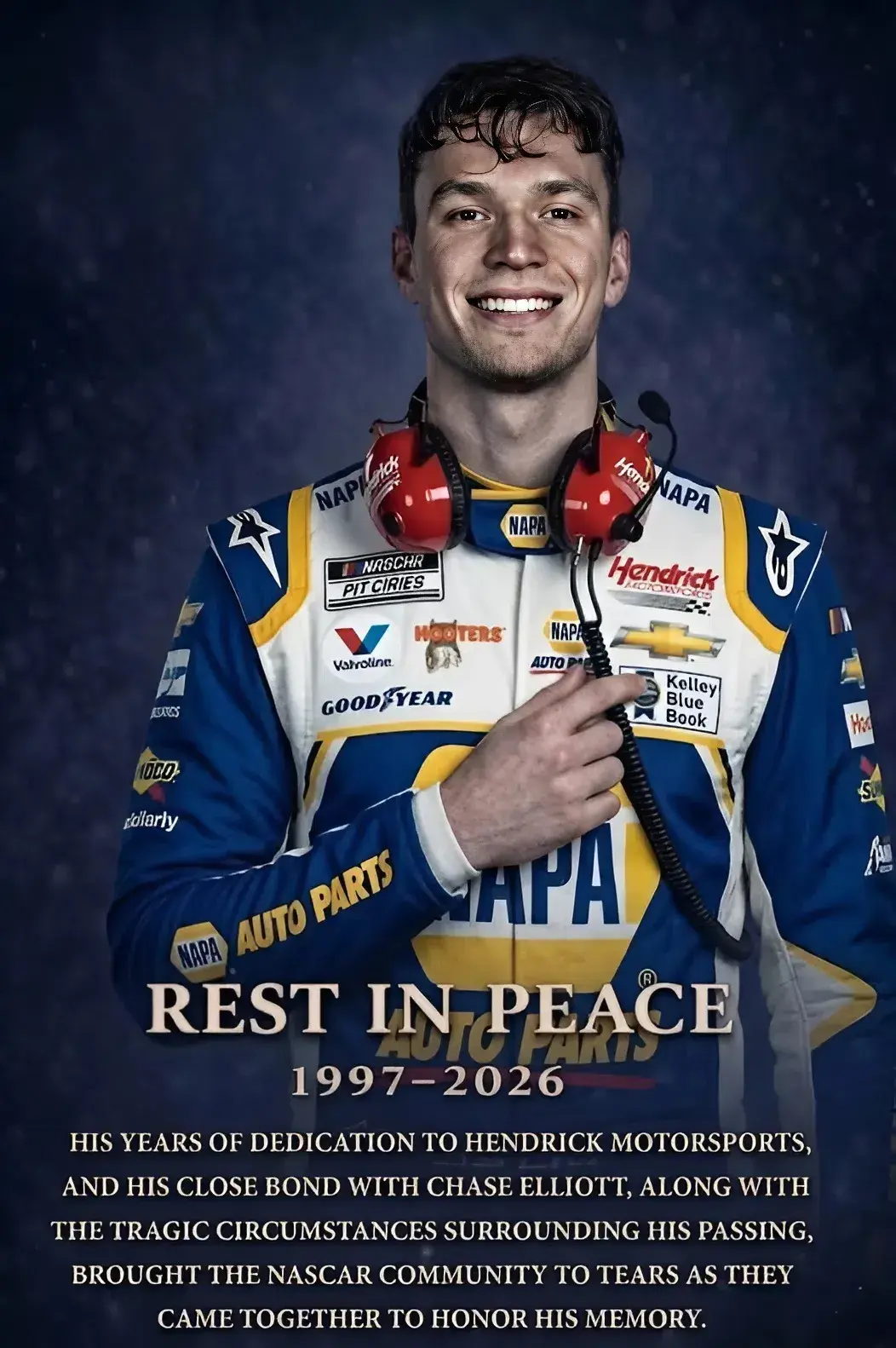 Cover Image for 🚨 **SAD NEWS:** A Hendrick Motorsports engineer and close friend of Chase Elliott has passed away at 28 after being shot while trying to break up a bar fight, leaving behind his newlywed wife and 3-year-old child. His loss has left the Hendrick Motorsports community and fans in deep mourning.