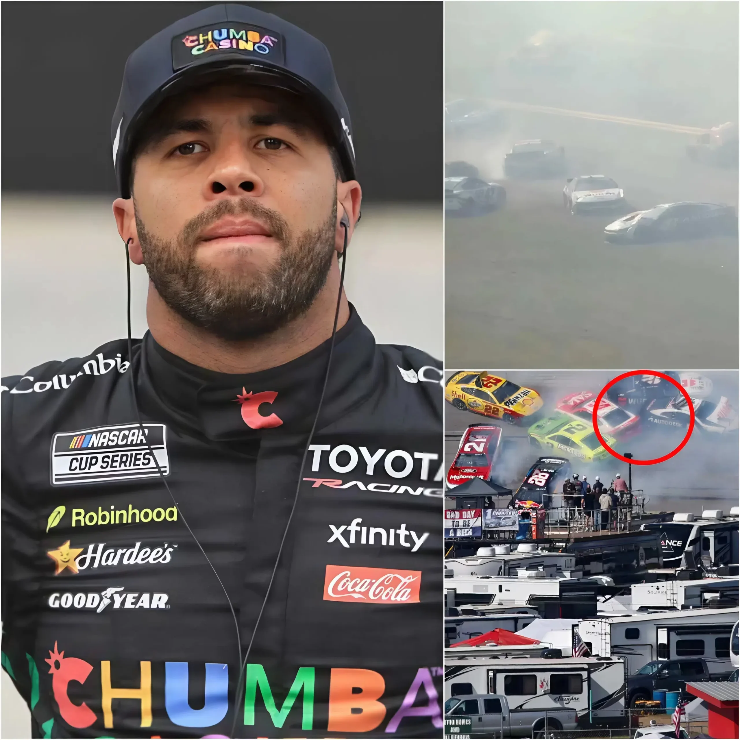 Cover Image for A HORRIFIC NASCAR INCIDENT: THE MOMENT BUBBA WALLACE REACHED FOR GLORY—BEFORE “HELLFIRE” ENGULFED 26 CARS IN AN INSTANT The NASCAR arena has just witnessed one of the most chaotic and devastating scenarios in its history—a moment where the line between heroism and tragedy was erased in the mere flick of a steering wheel.