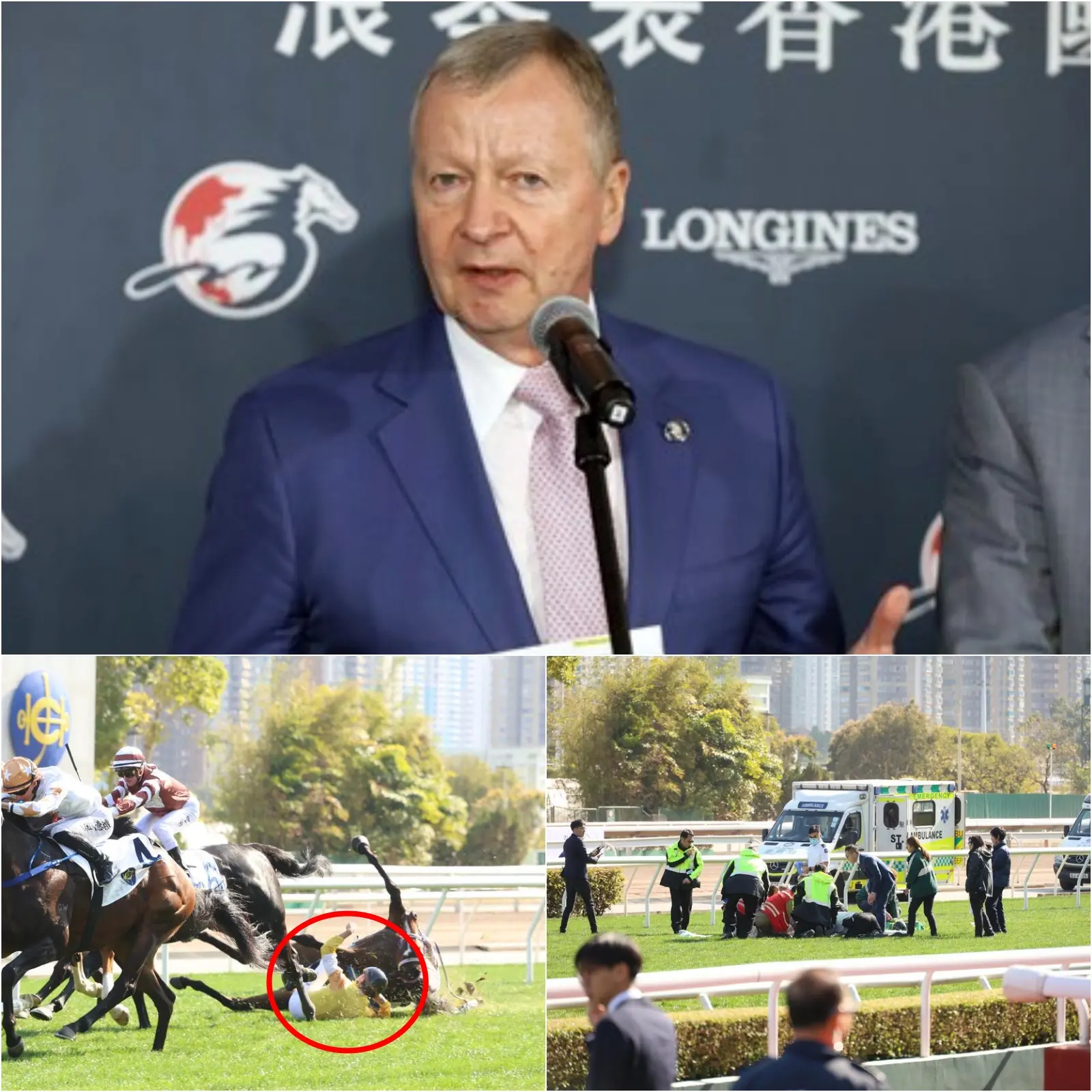 Cover Image for “A RARE COINCIDENCE HAS OCCURRED” – two serious horse crashes occurred on the same race day at Sha Tin racecourse recently, sending four jockeys to hospital after falling from their horses in two separate races.