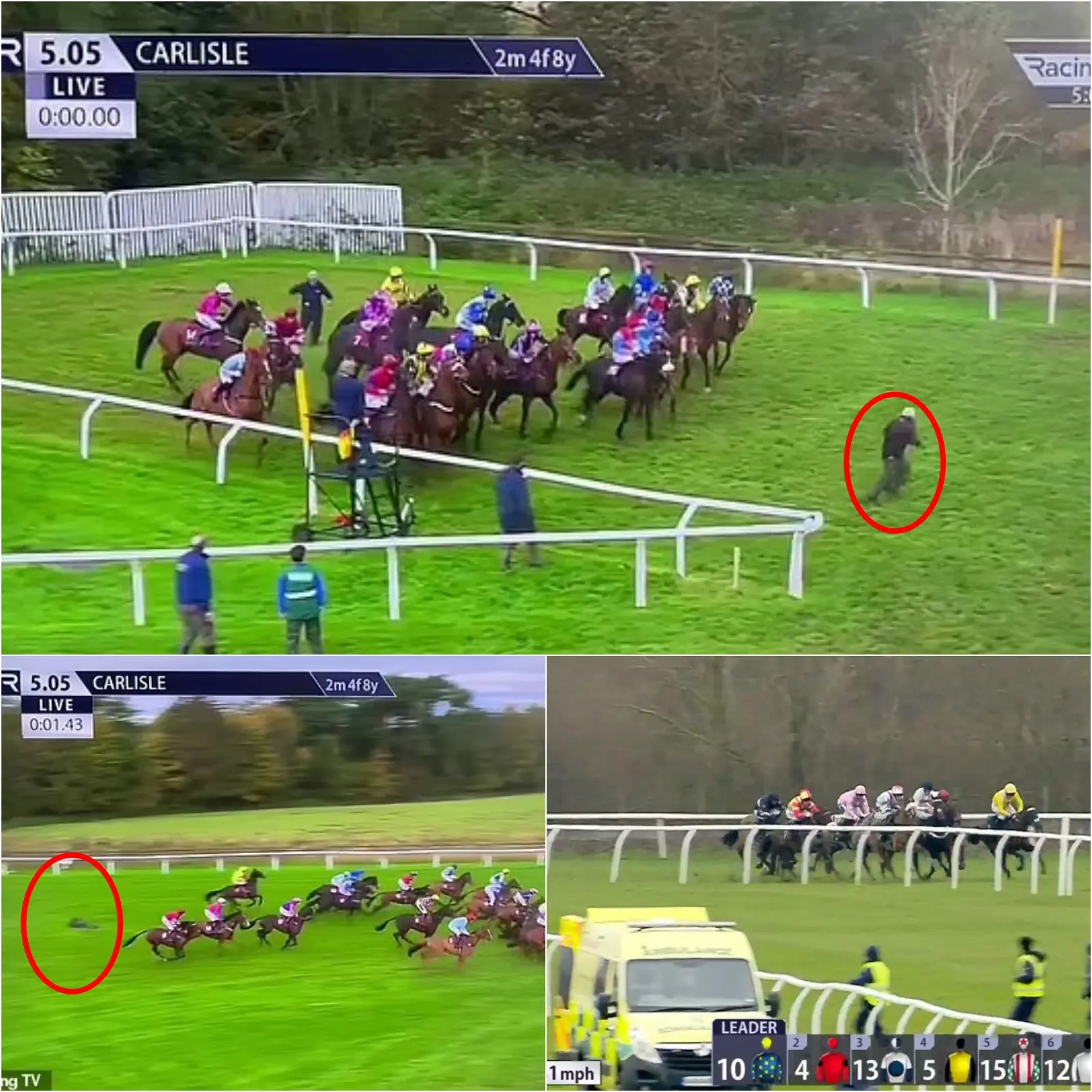 Cover Image for “A MOMENT OF PANIC AT THE RACE TRACK” A groundskeeper narrowly escaped serious injury after being gored by a horse just moments after the race began in Carlisl – but his escape from serious injury was nothing short of comical.