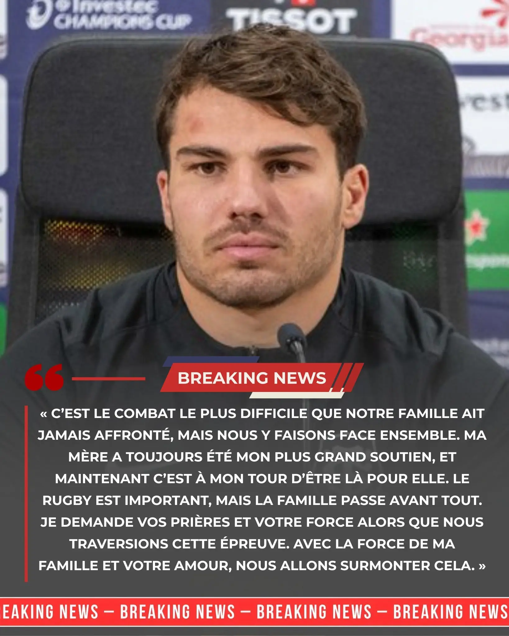 Cover Image for 🚨 DOULOUREUSE NOUVELLE : Antoine Dupont et toute sa famille traversaient une épreuve particulièrement douloureuse concernant sa mère, une annonce qui a bouleversé le vestiaire du Stade Toulousain, tandis que la réaction inattendue de l’entraîneur principal