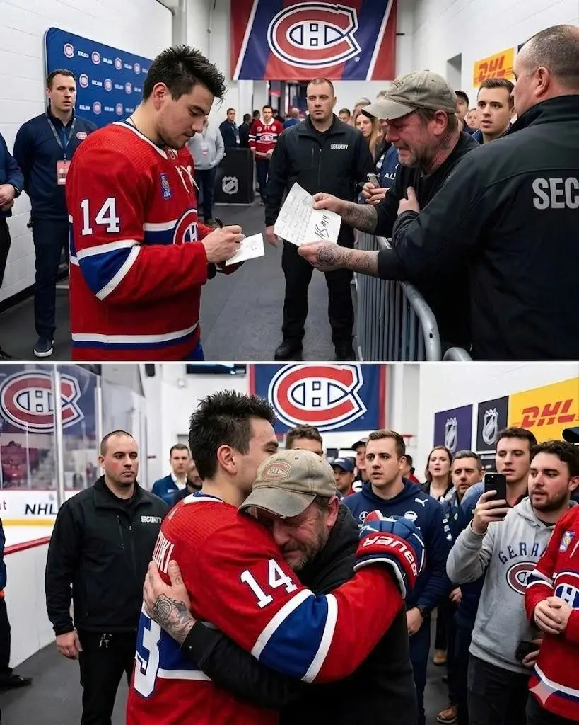 Cover Image for A BEAUTIFUL GESTURE: Despite an extremely painful defeat and the heavy criticism received after Game 4 against the Buffalo Sabres, Nick Suzuki showed the world the true size of his heart. During a fan event organized shortly after the match, security guards were about to stop a poor man from approaching. But Nick Suzuki immediately shouted:
