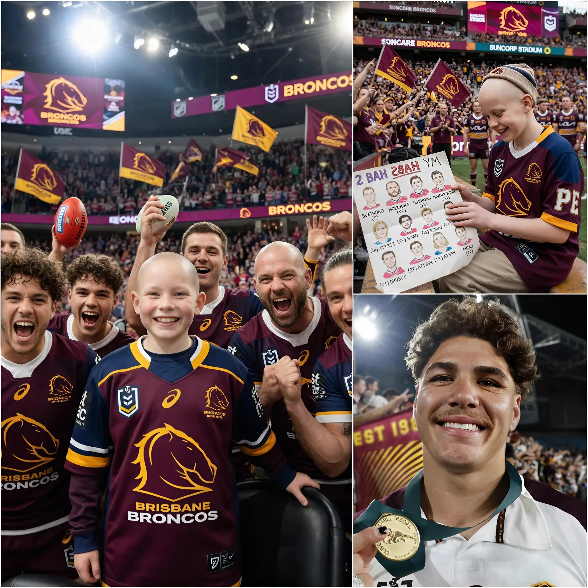 Cover Image for 👦 In a chilly corner of the stands, a frail boy huddled in an oversized Brisbane Broncos jersey. Despite his failing health and battle with brain cancer, he had begged his mother to take him to see the Broncos play. His family had saved for years to be there: