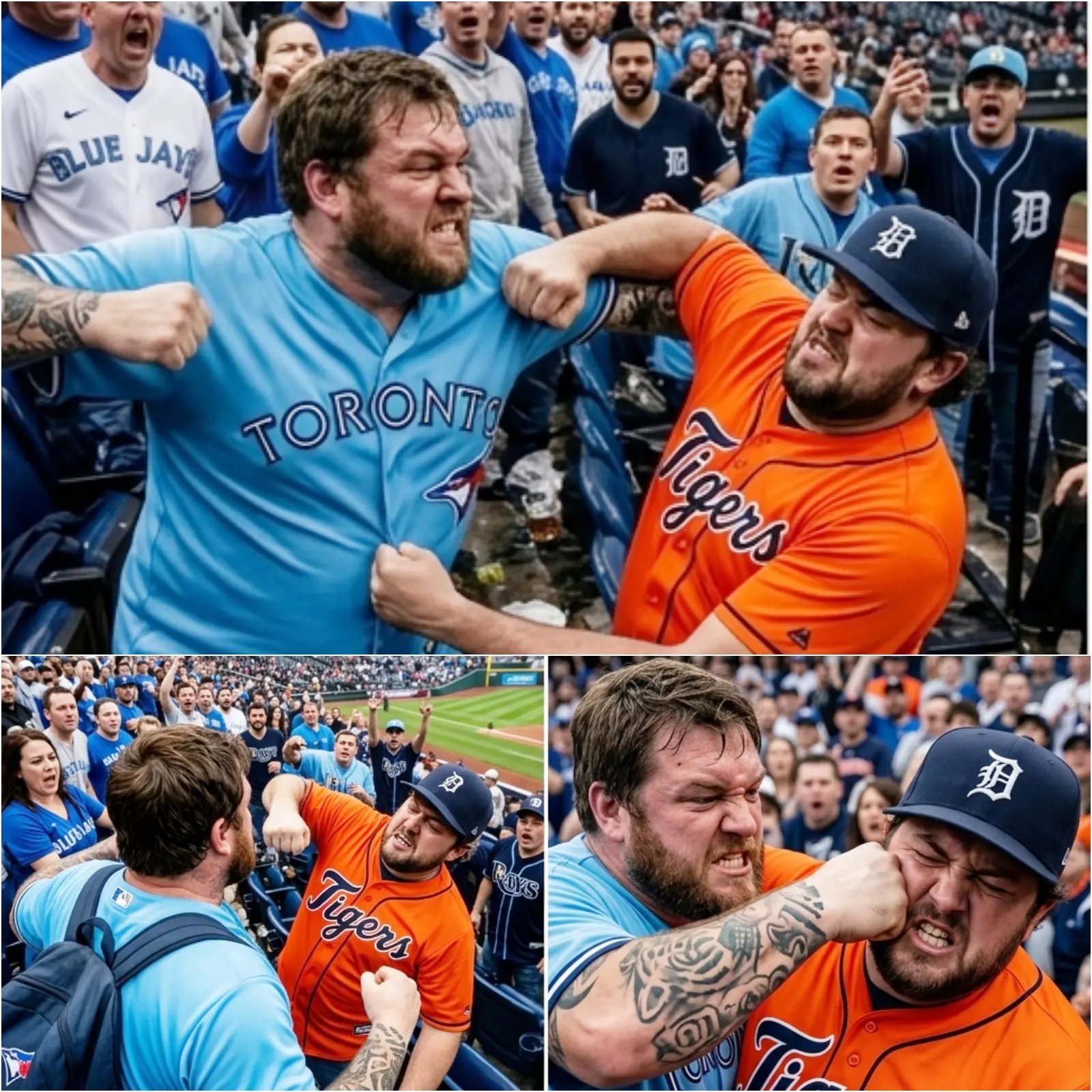 Cover Image for Two fans of the Toronto Blue Jays and Detroit Tigers shocked everyone by engaging in one of the craziest brawls you’ve ever seen. The incident occurred in the stadium stands just minutes before the Toronto Blue Jays vs. Detroit Tigers game began, as tensions escalated and a heated confrontation stunned the crowd.
