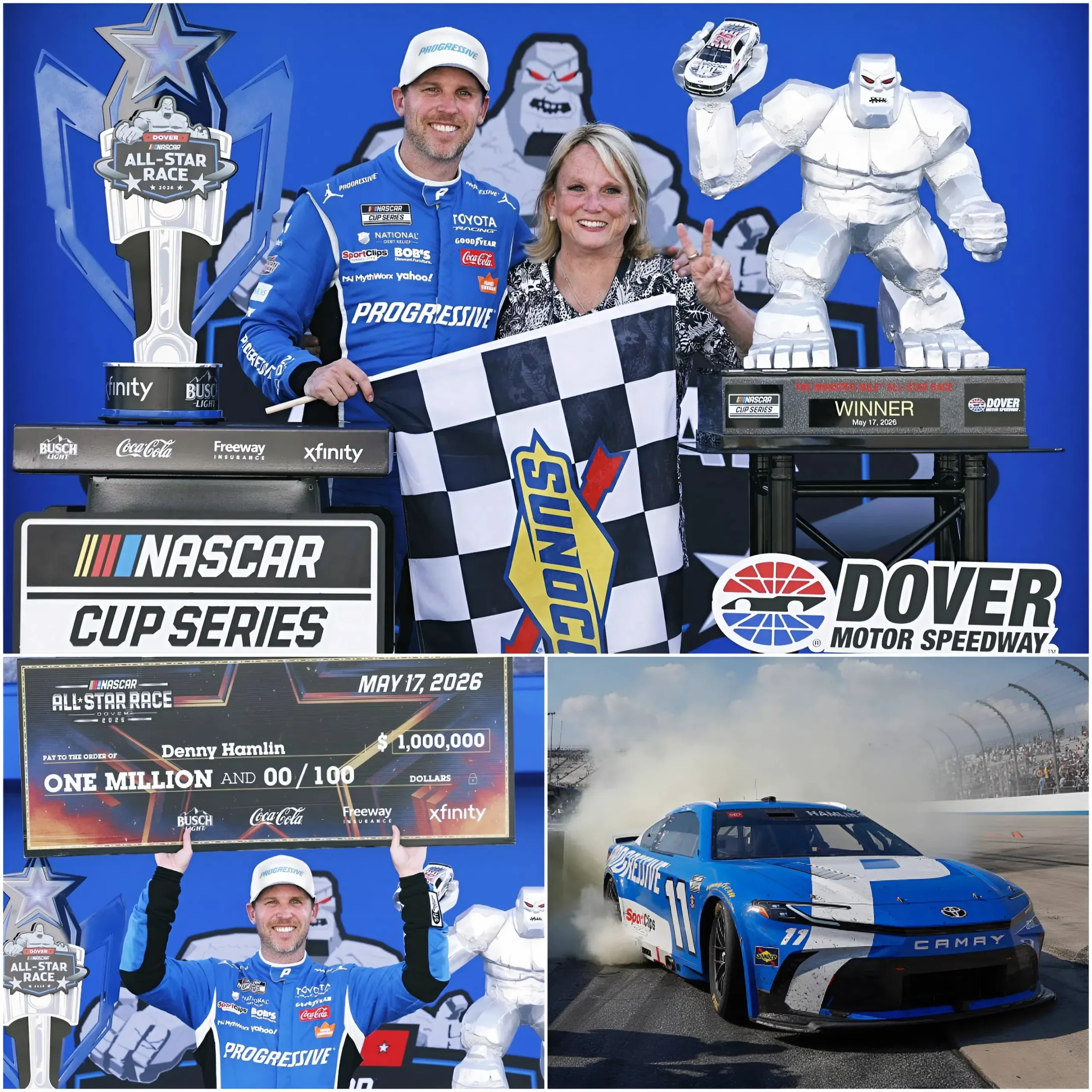 Cover Image for 🏁❤️ “This victory is for my mother…” Denny Hamlin could barely hold back his emotions when asked about his hard-fought win at the 2026 All-Star Race. In a deeply emotional moment, the Toyota driver revealed that his mother had been by his side throughout the entire race — anxiously watching every lap with a tense, worried expression.