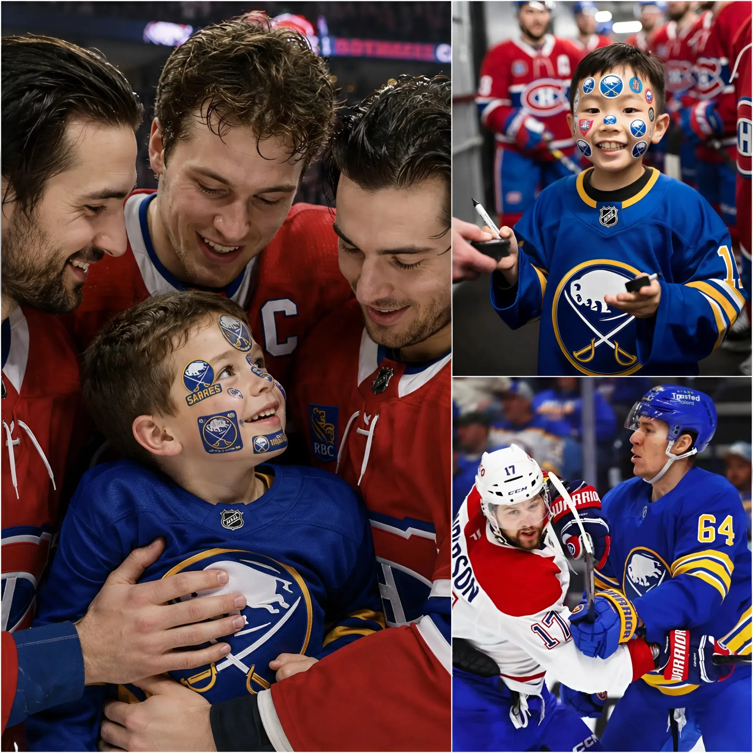 Cover Image for 🏒 Moment émouvant : Après la victoire du match 7 en NHL, un jeune garçon, fan inconditionnel des Buffalo Sabres, portait le maillot de l’équipe et avait collé des affiches des Sabres sur son visage.