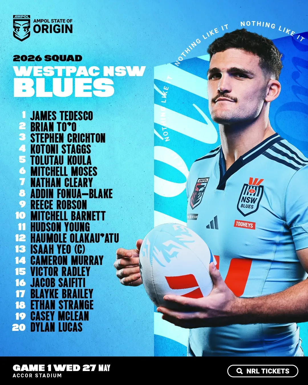Cover Image for 🚨 OFFICIAL: Laurie Daley has officially unveiled the STARTING LINE-UP for the upcoming State of Origin blockbuster featuring the New South Wales Blues!
