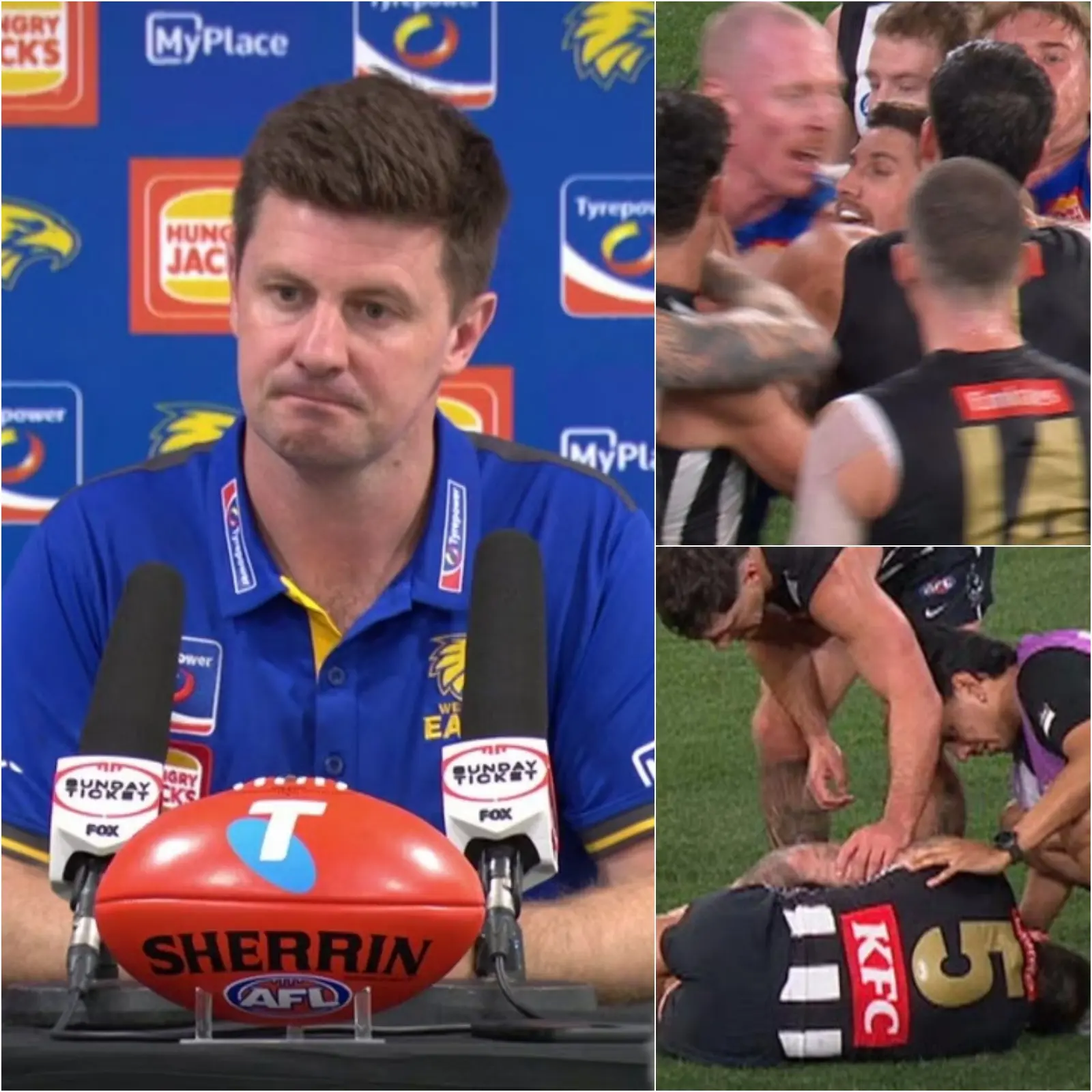 Cover Image for 🚨‘DON’T KNOW WHAT THEY REMONSTRATED FOR’ West Coast’s coach has provided a defiant response over the melee that followed Jamie Elliott’s devastating injury. Elliott’s was one of three significant Collingwood injuries from Saturday.