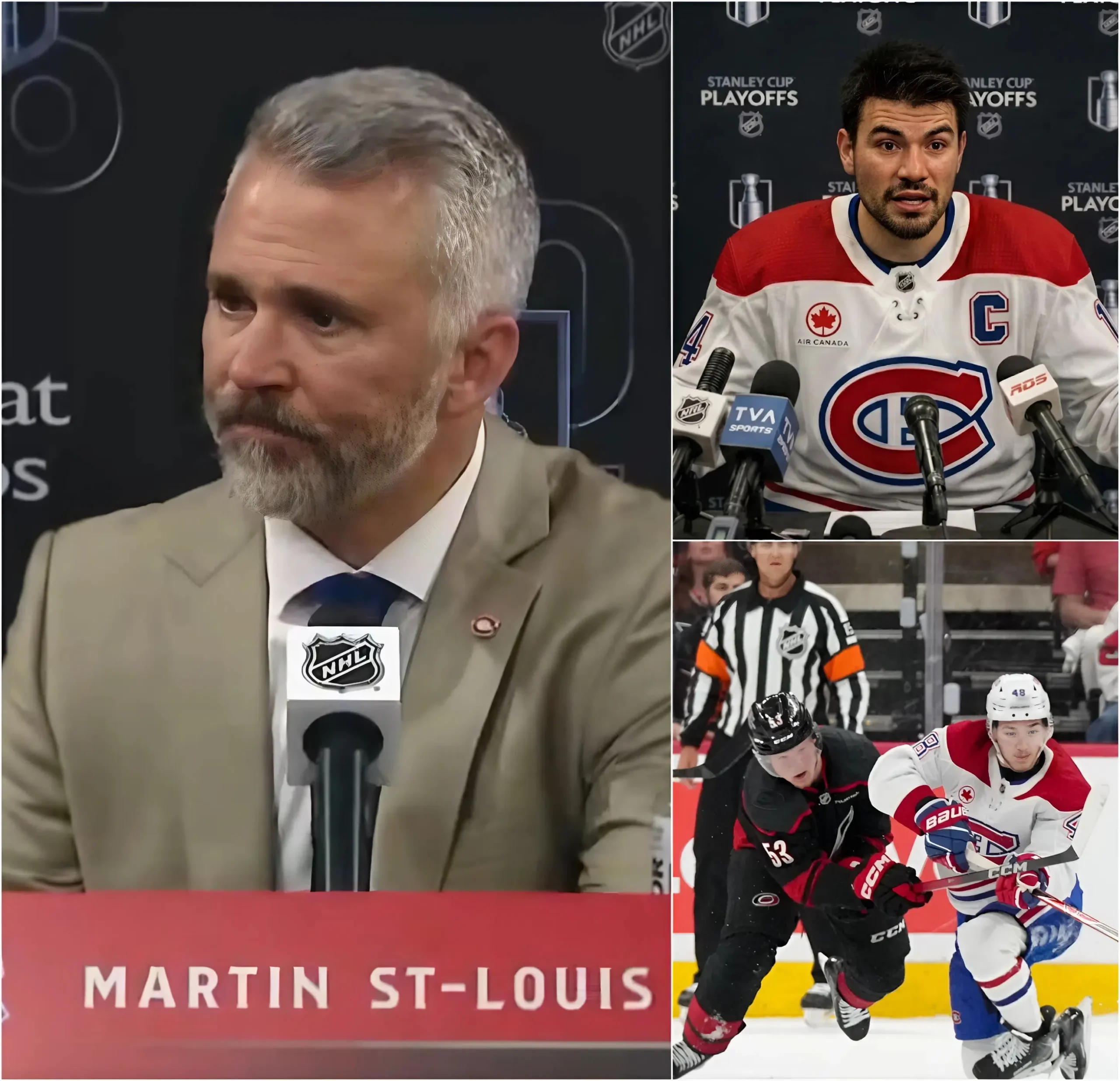Cover Image for 🔥🔥« ON A REGARDÉ CETTE VIDÉO PLUS DE DIX FOIS. » — L’entraîneur Martin St. Louis a provoqué un tollé général dans la LNH après la défaite 3-2 des Canadiens de Montréal face aux Hurricanes de la Caroline en accusant publiquement la Caroline d’avoir profité d’un changement « suspect » et d’une obstruction controversée sur la crosse quelques secondes avant le point gagnant.