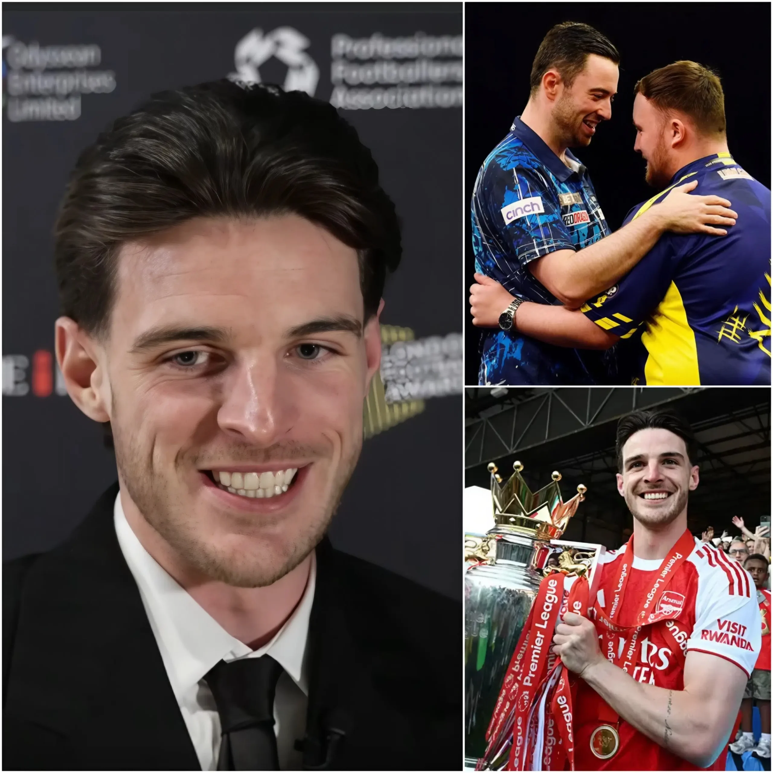 Cover Image for 🎯⚽ “I’ll be there to witness his magic firsthand…” Declan Rice has unexpectedly revealed that he will personally attend the Premier League Darts 2026 Finals at The O2 — not just as a fan, but specifically to watch the performance of one darts superstar he has become “completely obsessed with.”