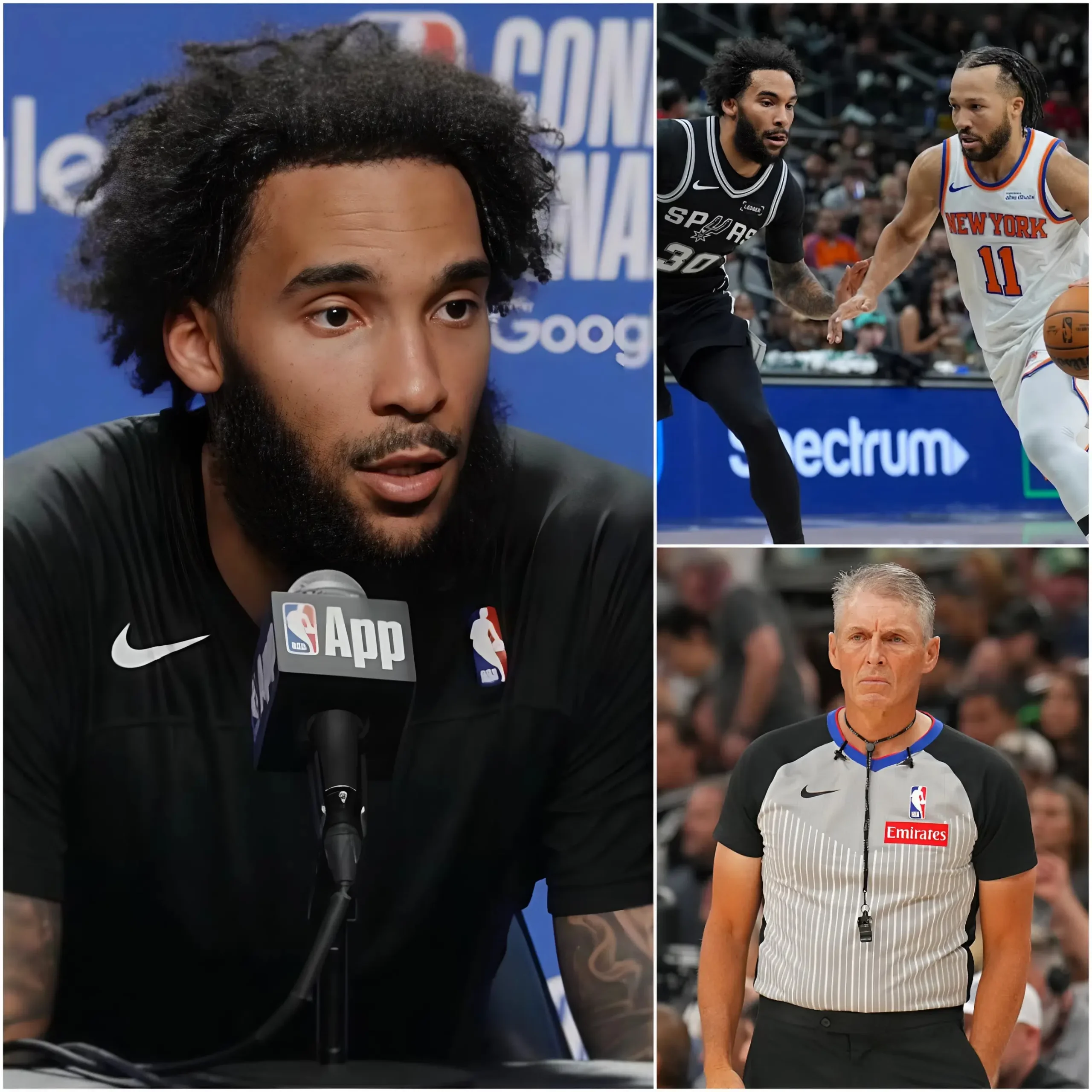 Cover Image for “I’VE NEVER SEEN A MORE EMBARRASSING WIN THAN THAT. HOW MUCH DID THE KNICKS PAY FOR IT?” San Antonio star Julian Champagnie has launched a scathing attack on the players of the New York Knicks following Game 1. He claimed that the Knicks secured their victory only because of favorable officiating and a bit of luck.