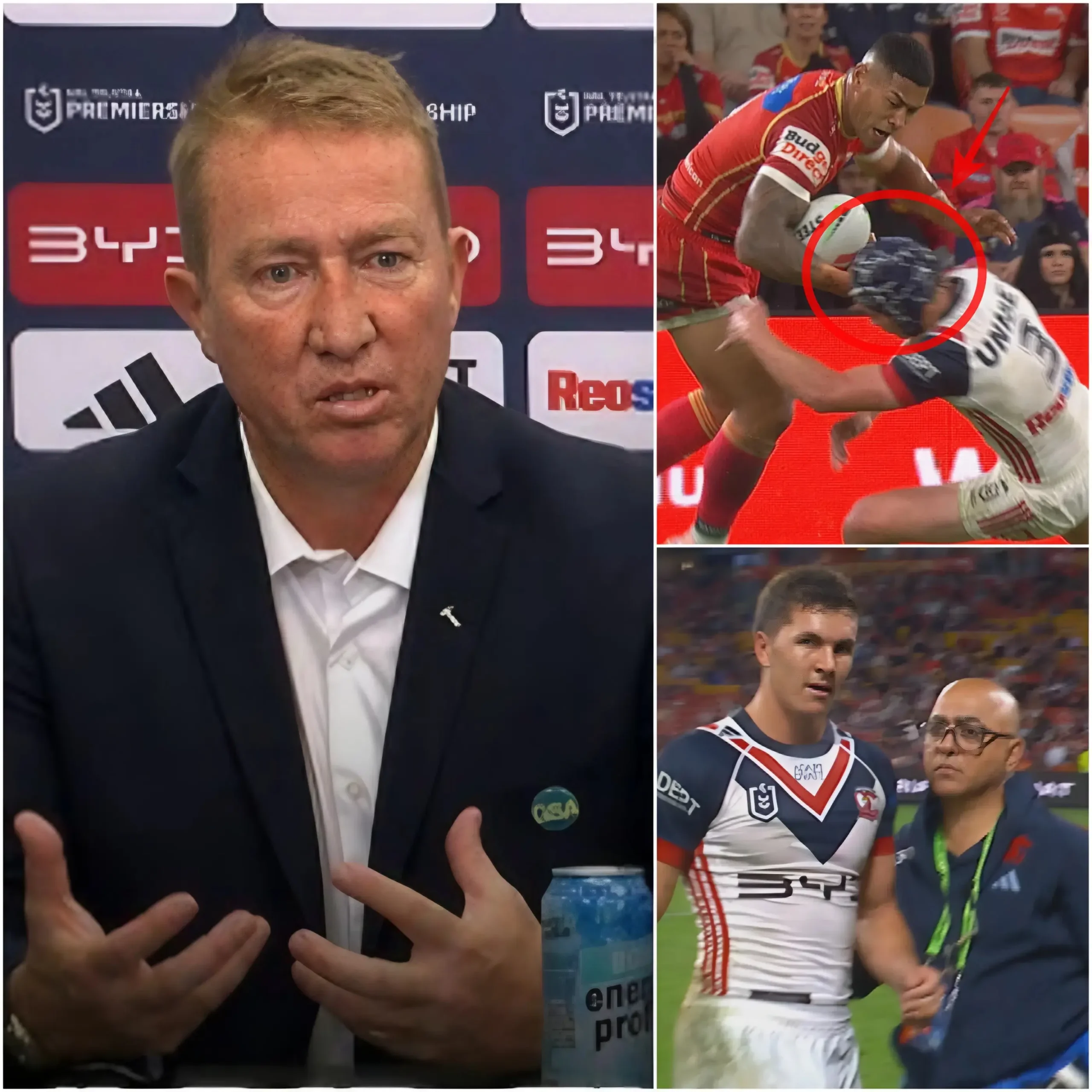 Cover Image for 🏉🚨15 MINUTES AGO: Sydney Roosters coach Trent Robinson has finally provided an update on the condition of two Roosters players following the clash against the Dolphins.