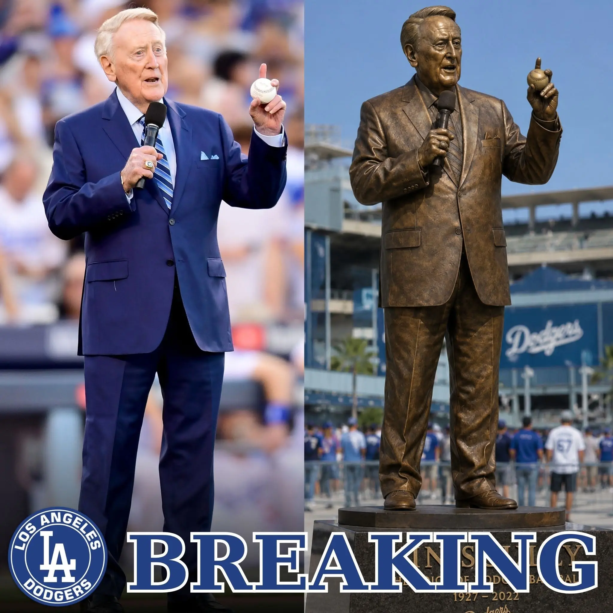 Cover Image for 🚨 BREAKING: The Los Angeles Dodgers have officially approved a $1.1 million project to erect a statue honoring legend Vin Scully – the greatest “voice of the soul” in American baseball history