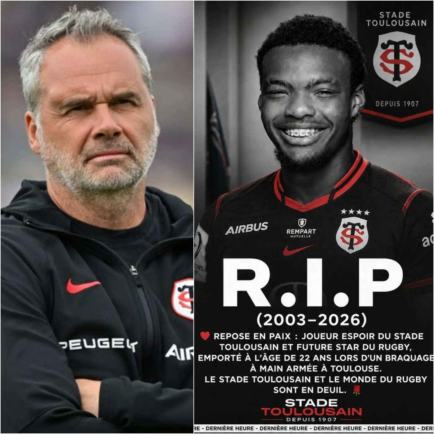 Cover Image for 🖤 REPOSE EN PAIX : Le monde du rugby est sous le choc. Un jeune talent de 22 ans du Stade Toulousain, considéré comme un espoir prometteur pour le club, est décédé subitement samedi soir