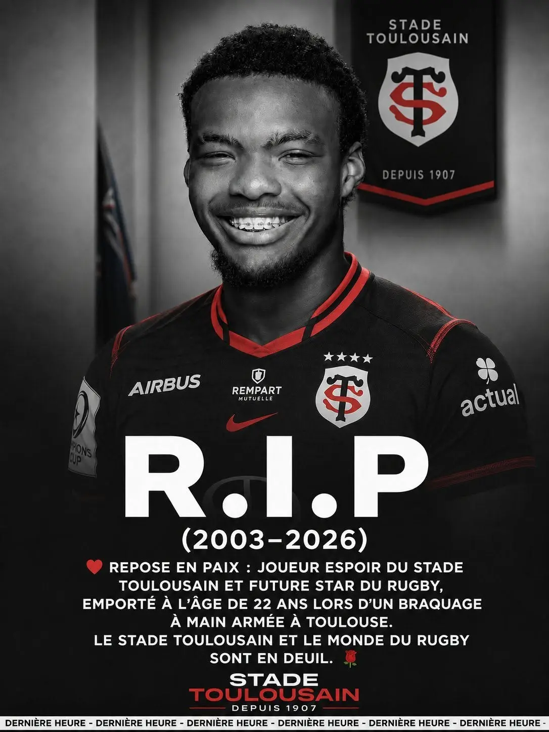 Cover Image for 💔C’est une nouvelle vraiment déchirante. L’ensemble de la communauté française du rugby présente ses plus sincères condoléances à la famille d’un jeune talentueux et prometteur rookie du Stade Toulousain
